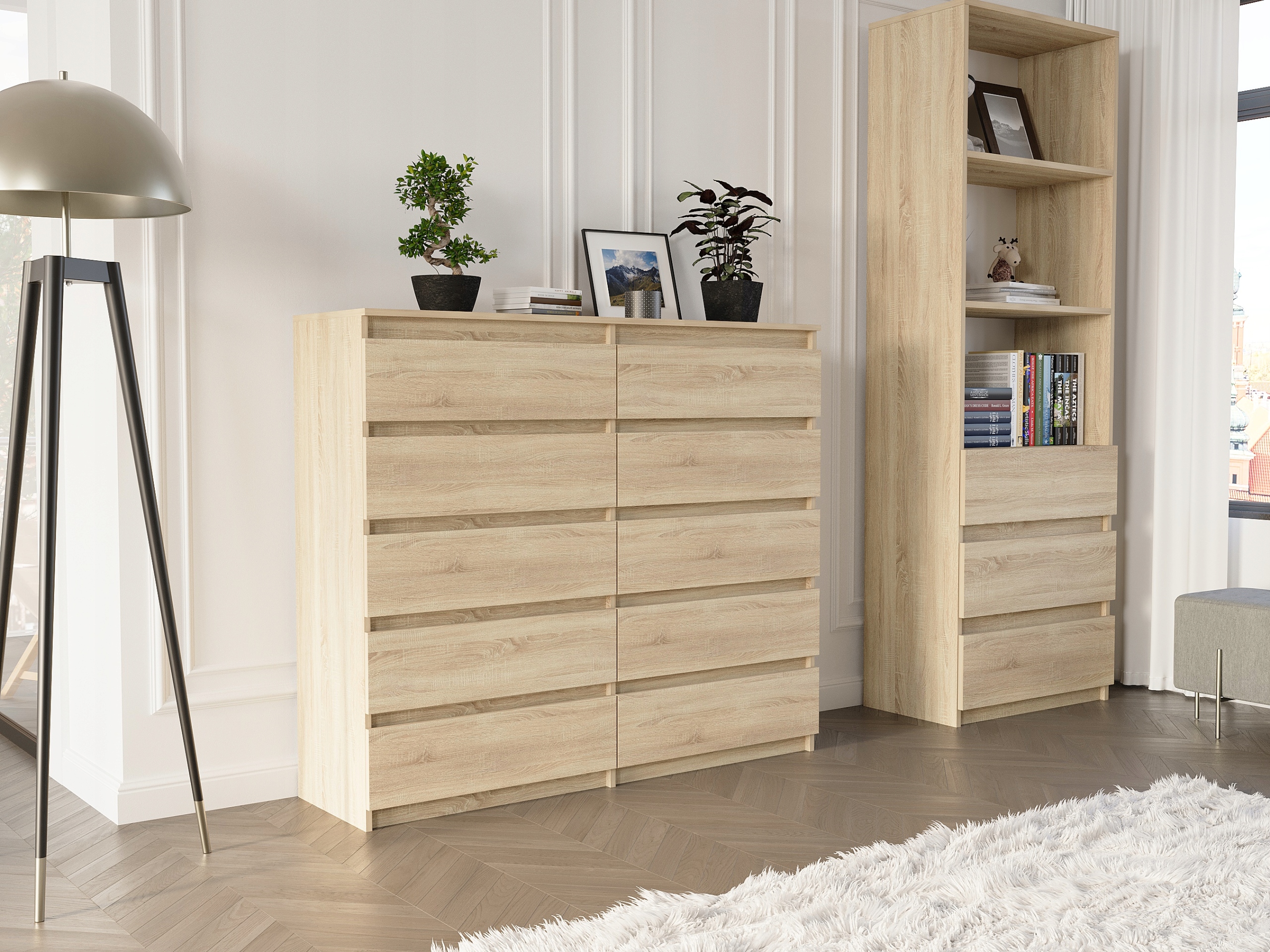 Šiuolaikinė komoda 140 cm, spintelė su 10 stalčių SONOMA