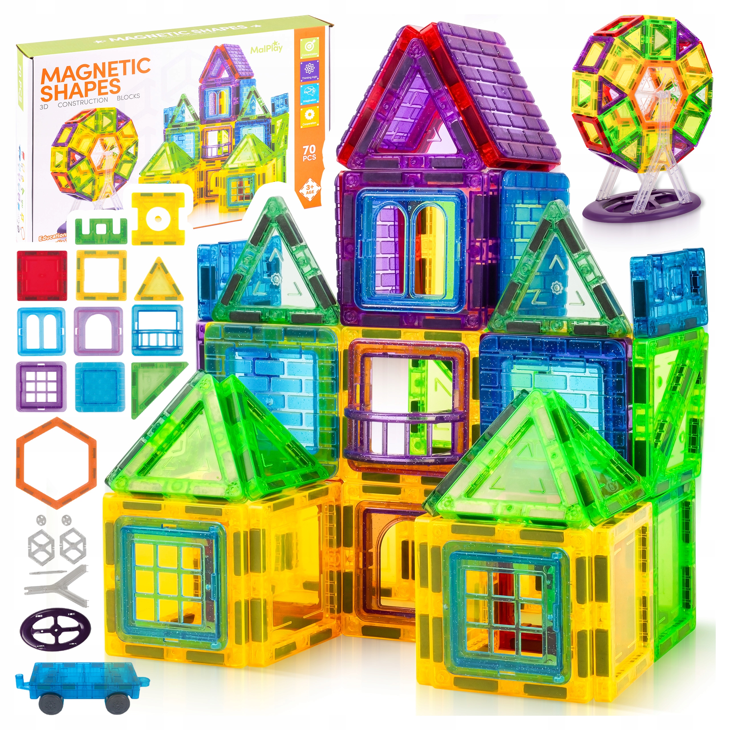 3D MAGNETINIAI BLUKAI, MOKYMOSI KONSTRUKCIJA, DIDELIS 70 EL MAGNETINĖ DĖLĖLĖ