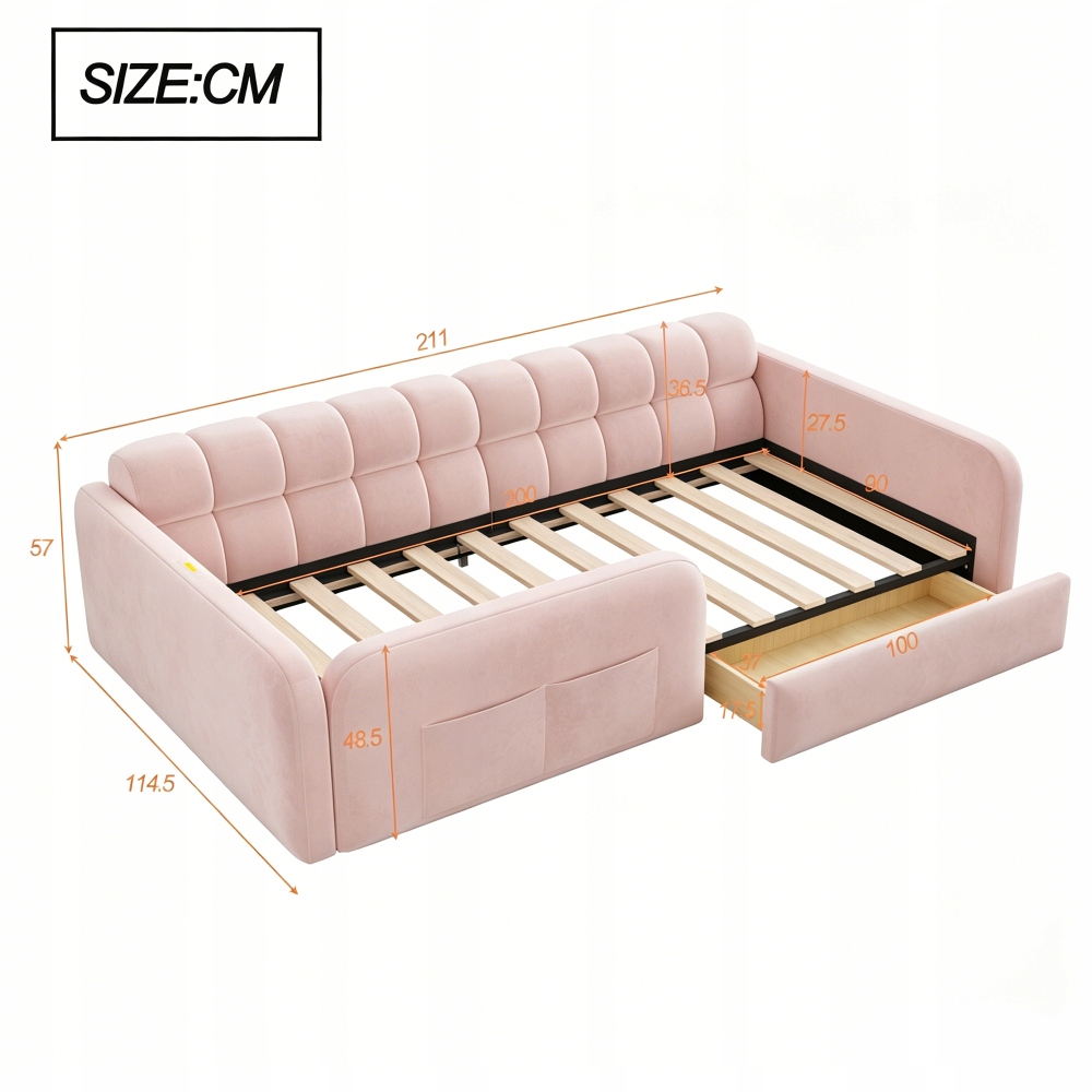 Vaikiška lova apmušta aksomu, stalčius, naktinė lempa, USB sofa, rožinė