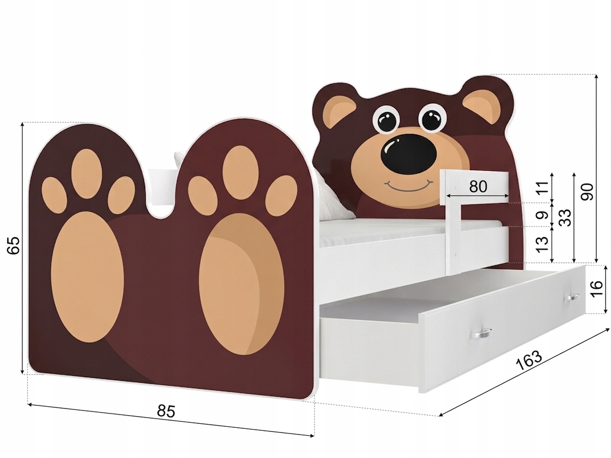 Vaikiška lova 160x80, stalčius ant ratukų, BEAR grafika