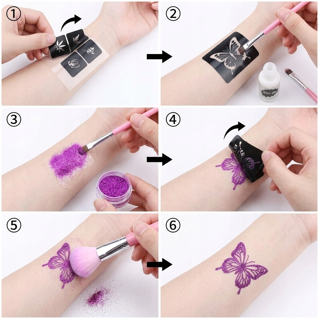 GLITTER TATOO RINKINYS VAIKAMS GLITTER TEMPLATES 24 vnt 3x XXL GLUE