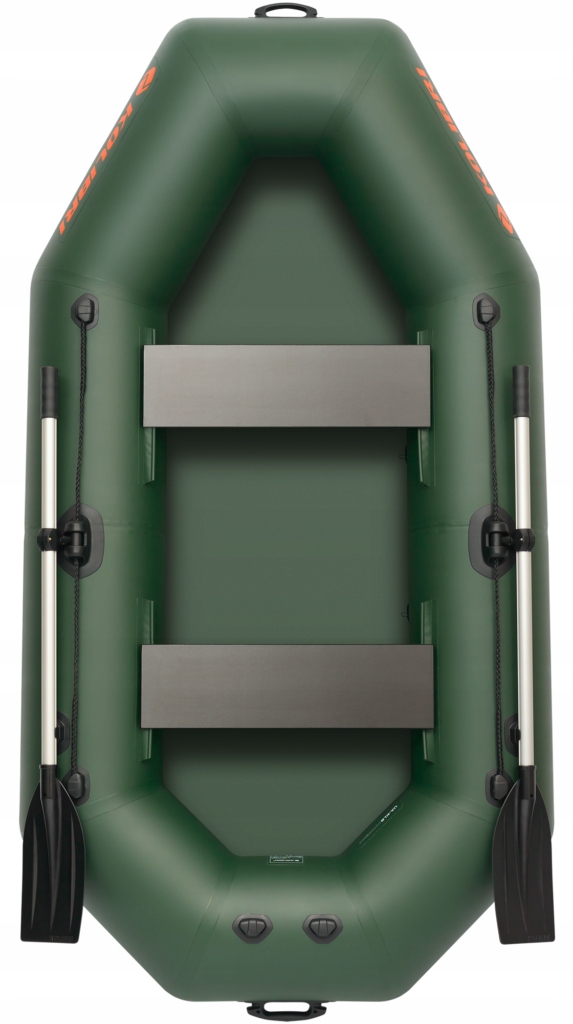 Kolibri K-240T pontonas su suvyniotomis grindimis ir žaliu variklio skersiniu