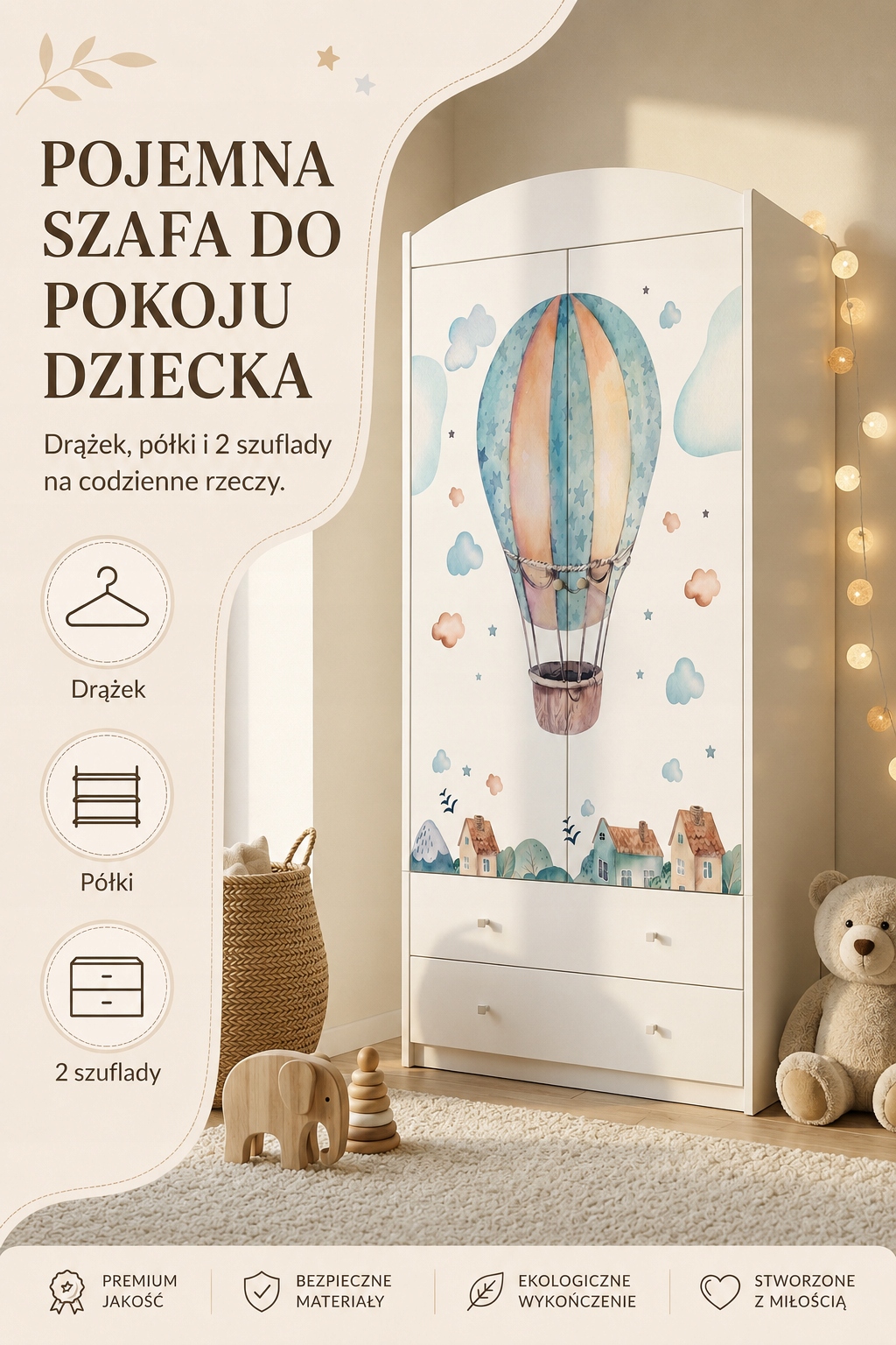 Balta vaikiška spinta - Balionas su krepšeliu - 88x187 - 2 stalčiai, strypas, 4 lentynos
