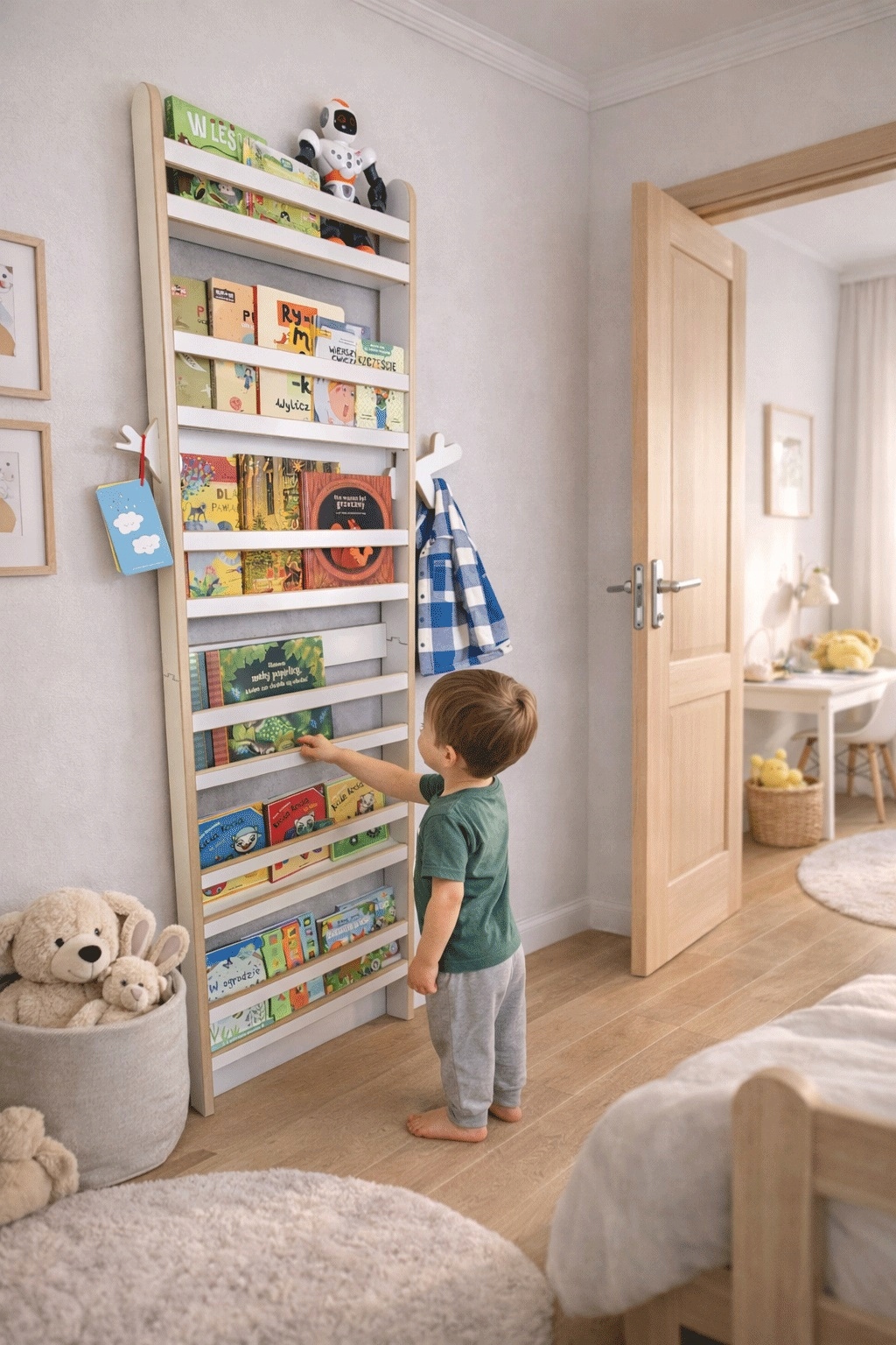 Montessori knygų lentyna vaikams plonas tarpduriui