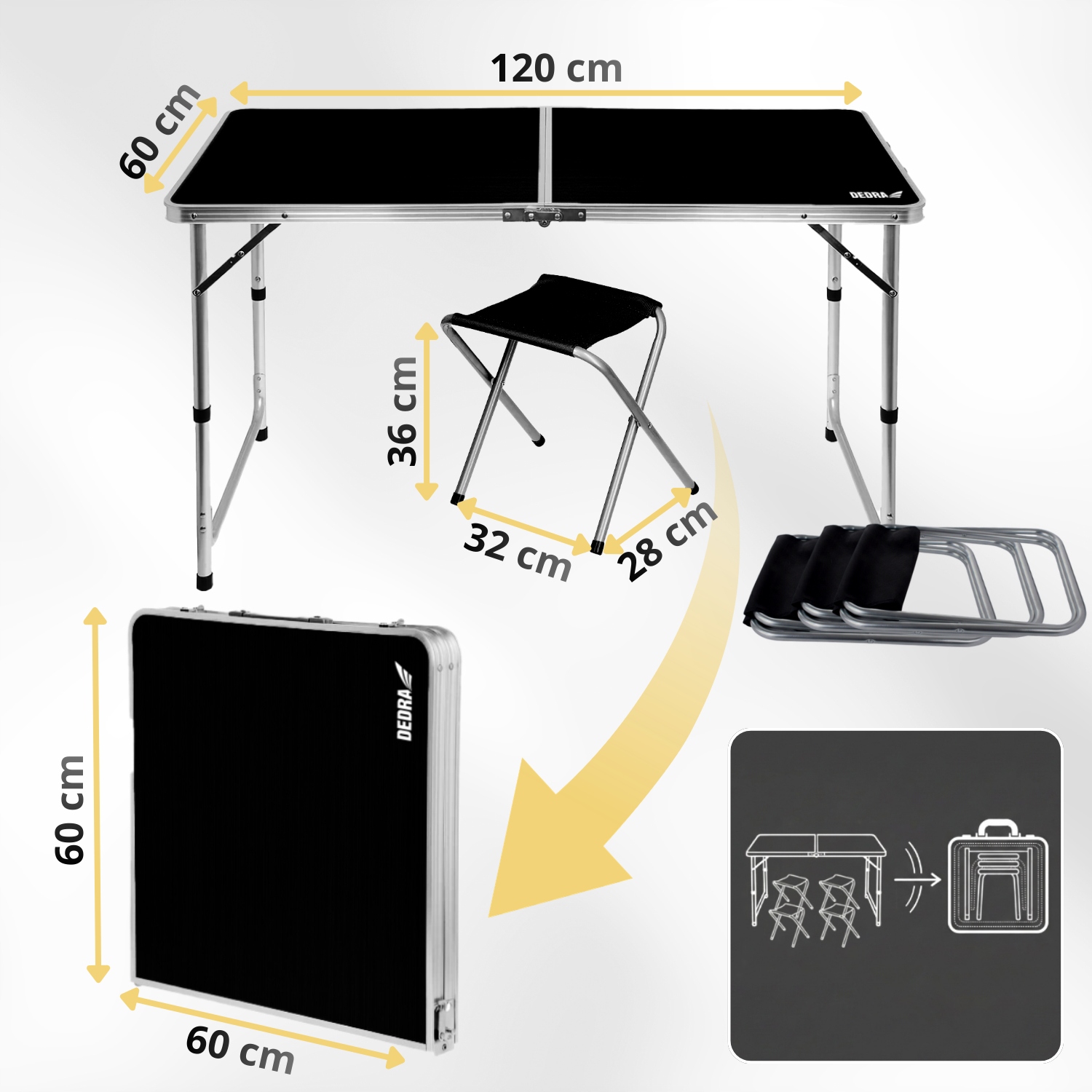 Stalas, sulankstomas stovyklavimo stalas, komplektas su 4 kėdėmis, 120x60x70cm