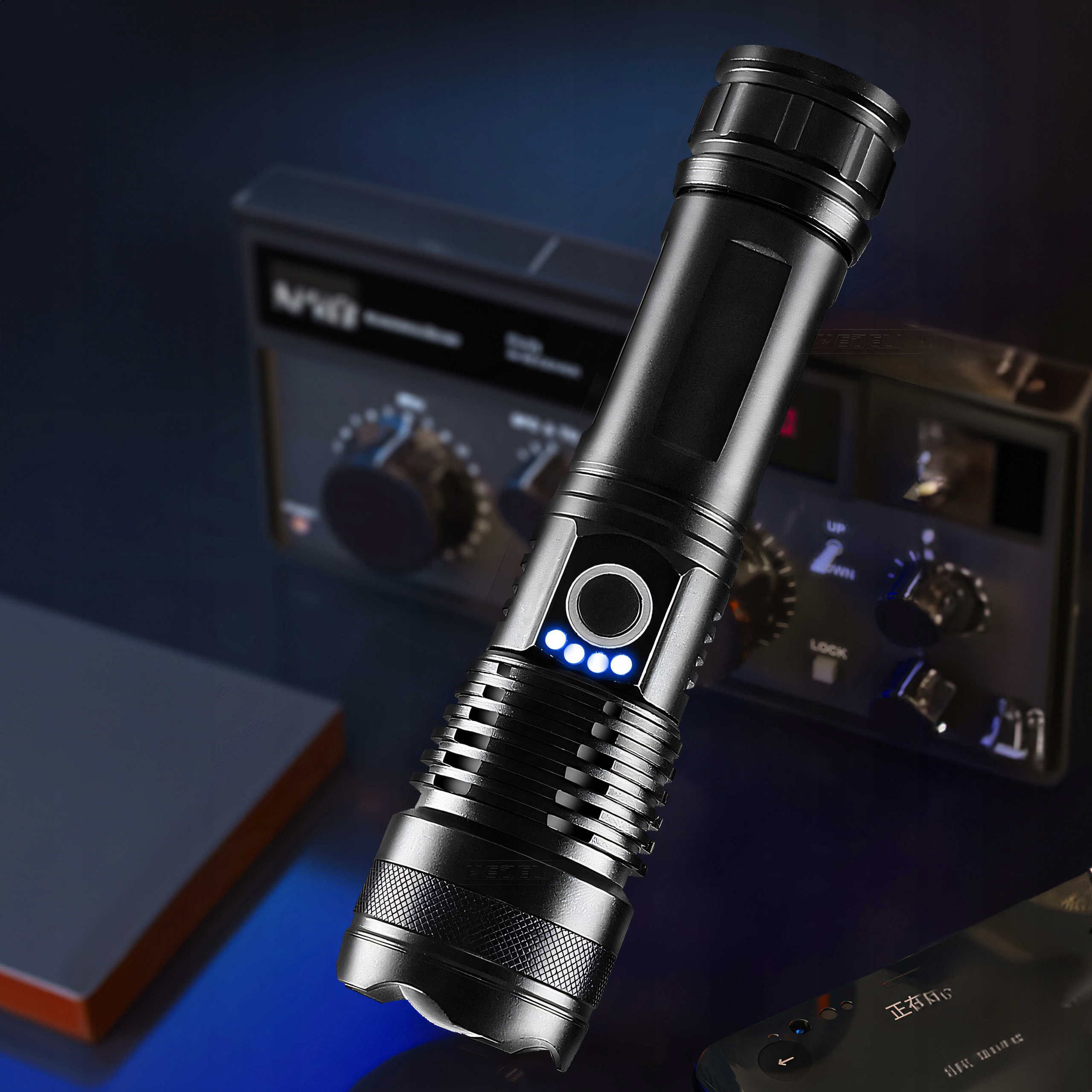GALINGA LED TAKTINĖ LEMPA, 5 REŽIMAI SURVIVAL CREE USB DĖKLĖS Akumuliatorius