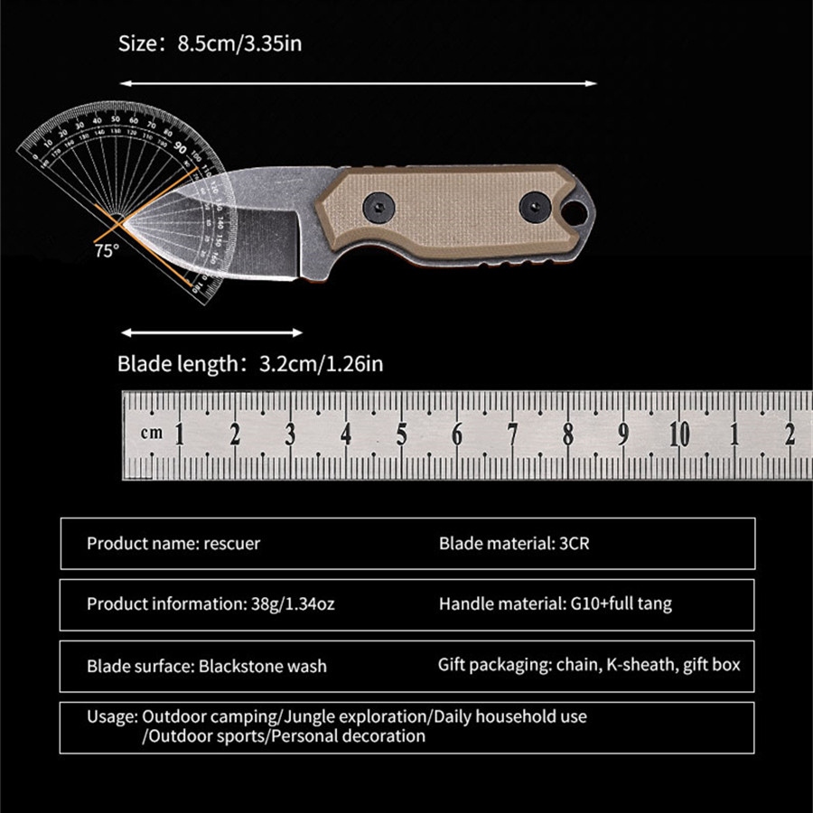 Mini kišeninis peilis su 3CR ašmenimis, G10 rankena, 7,6 cm (3 colių), naudojimui lauke, su apvalkalu