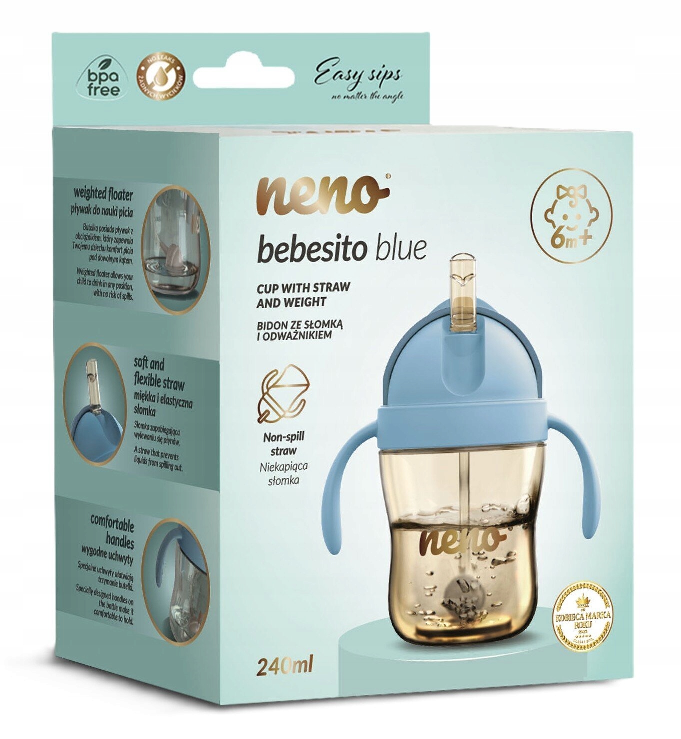NENO BEBESITO BLUE VAIKŲ BUTELIUKAS SU ŠIAUDU IR SVORIU 240ml