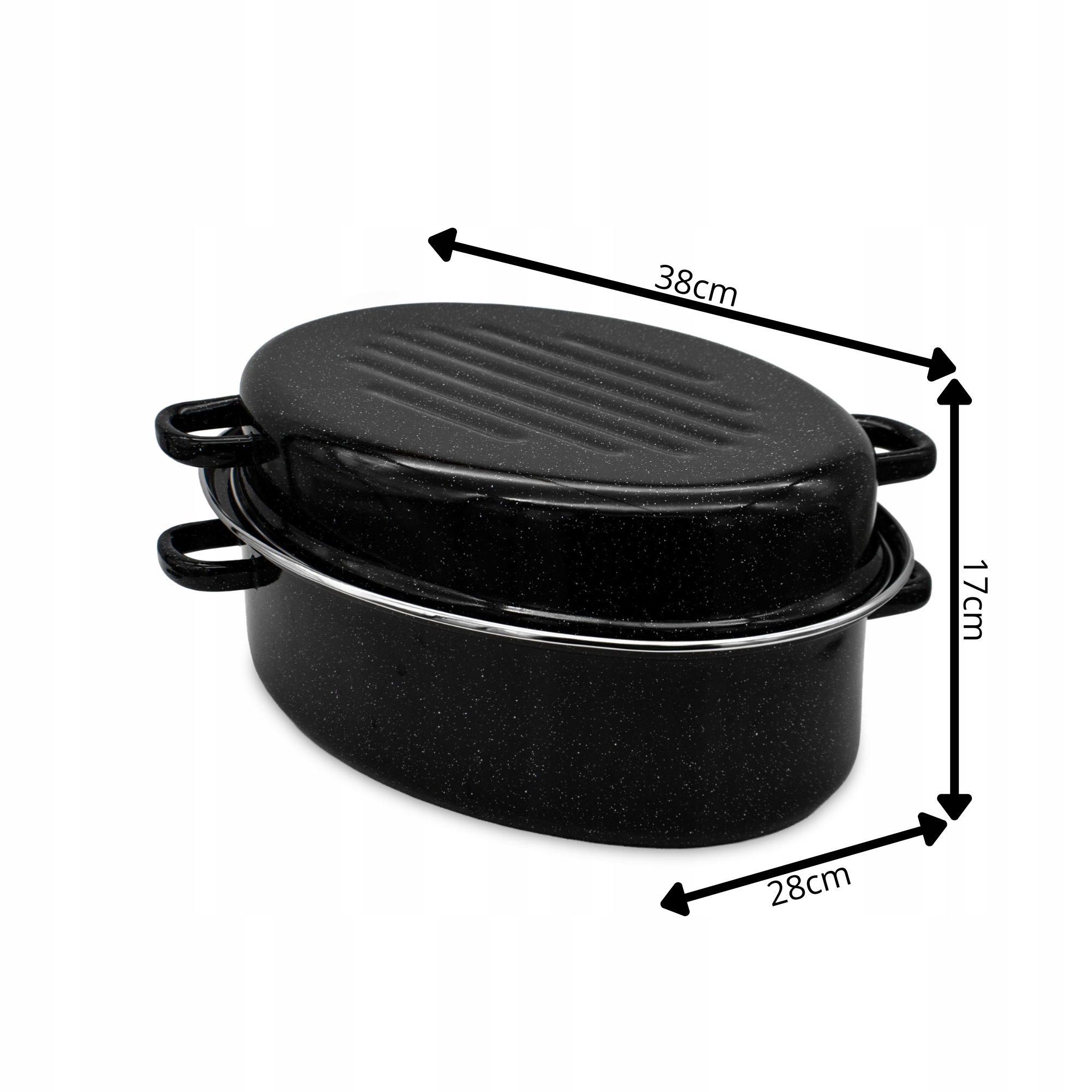Emaliuotas žąsų puodas 38 cm ovalus kepsnys su dangčiu, talpus juodas 7,5 l