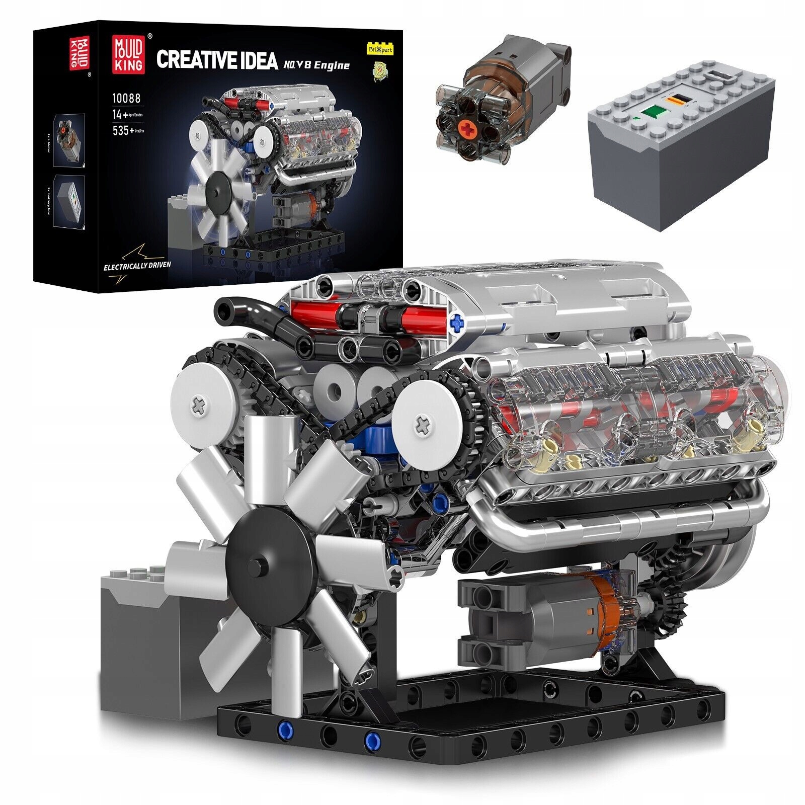 Blocks Mold King 10088 natūraliai įsiurbiamo V8 variklio techninės konstrukcijos modelis