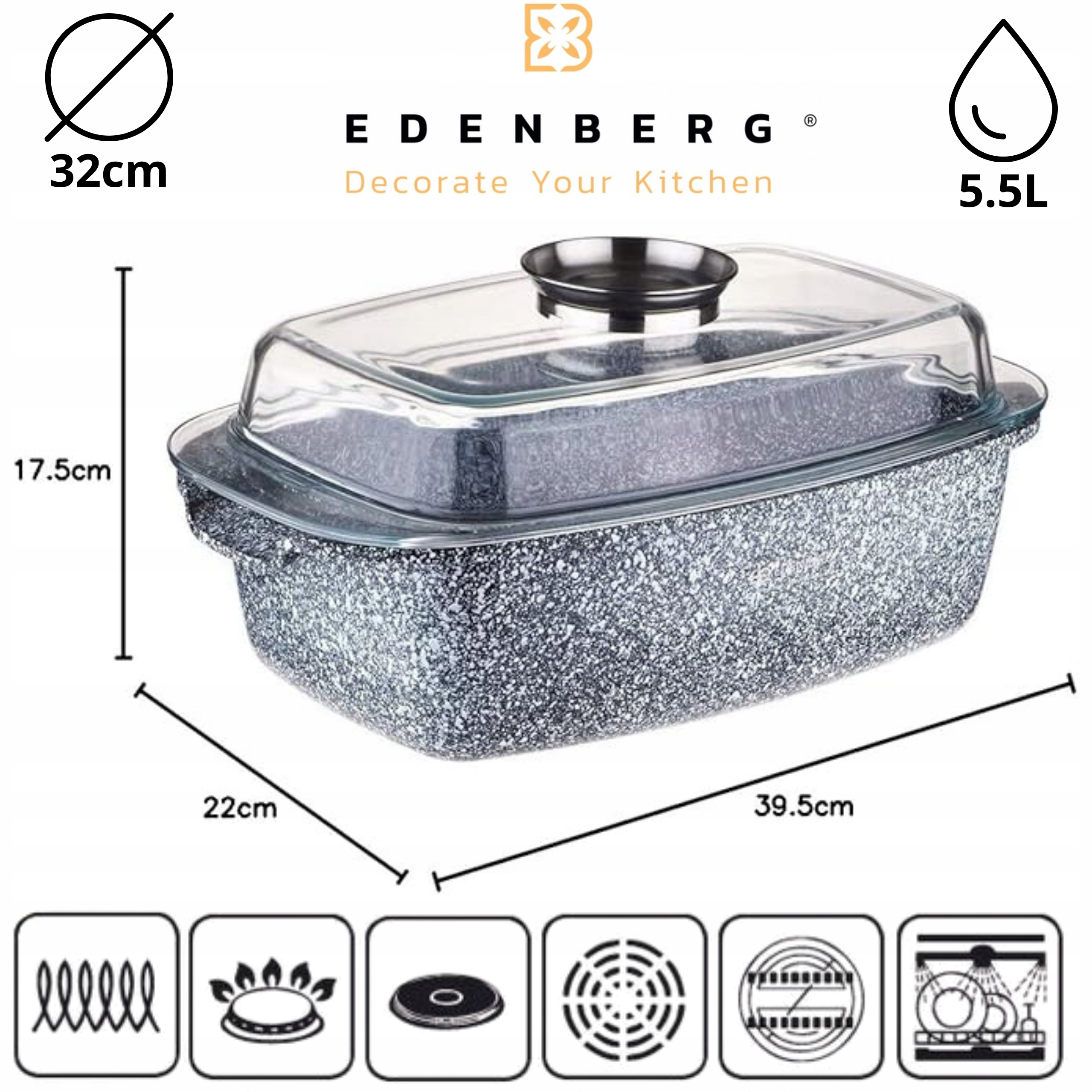 PRAKTINĖ MARMURO keptuvė 5,5 l 32 cm žąsų kepimo mašina, skirta DUJŲ INDUKCIJAI