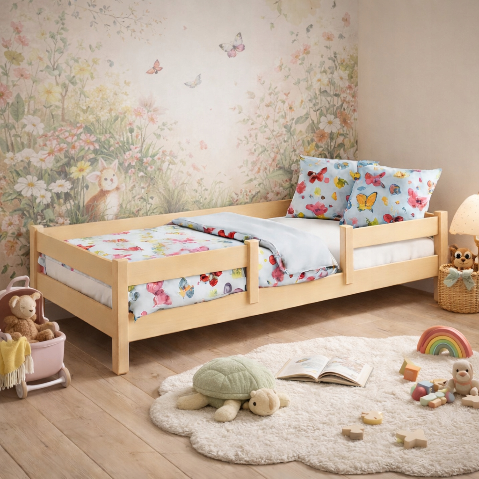 Vienvietė medinė pušinė vaikiška lova 140x70 su LOFTO turėklu