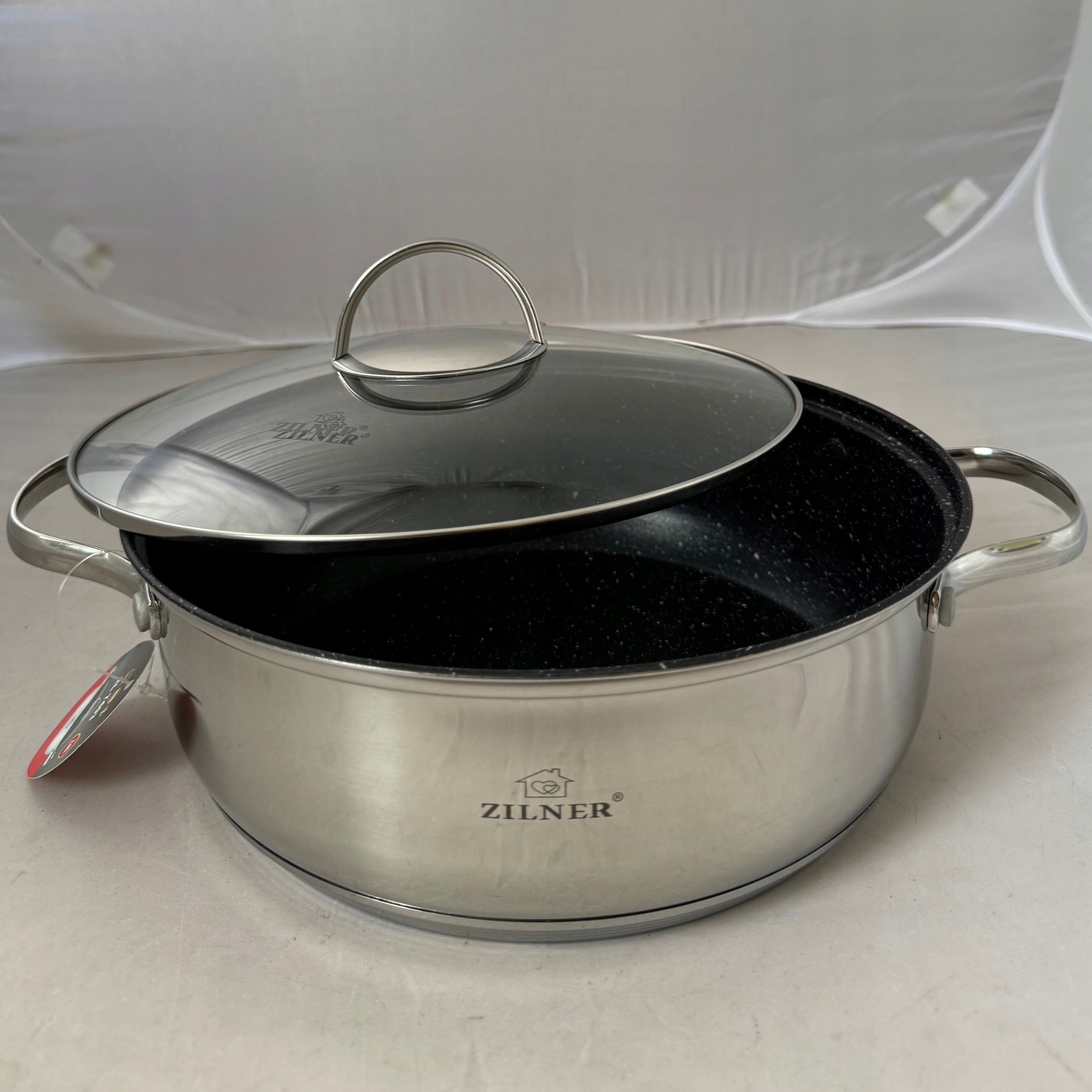 DIDELIS KIETAS PUODAS PLATUS PADAŽAS SU MARMURO DANGA 26cm 5,0L
