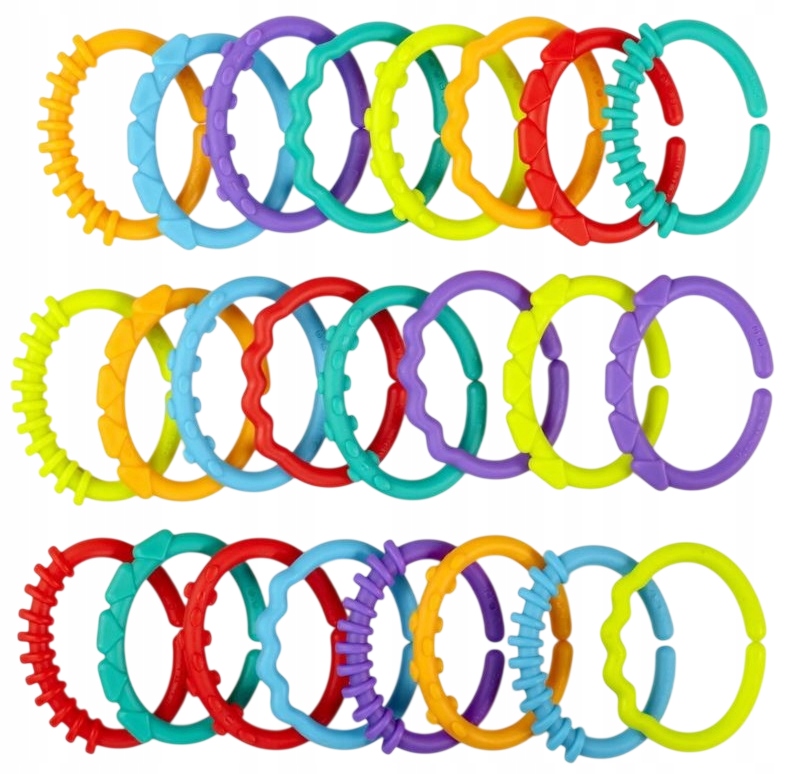 ĮVAIRIŲ FORMŲ IR SPALVŲ 24x SENSORY TEETHER pakabukų RINKINYS - DOVANA!
