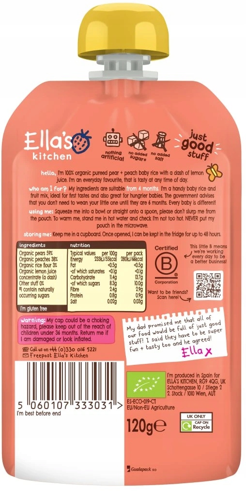 Ella's Kitchen Bio Dessert Baby ryžiai, kriaušė ir persikas 120 g