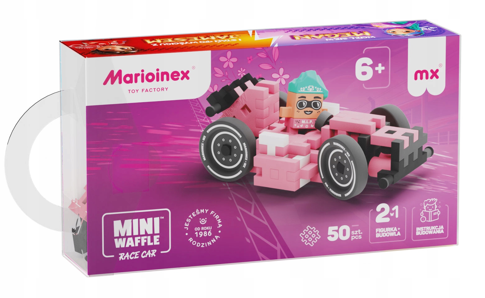 Marioinex Waffle Mini Cars lenktyninis automobilis, Megan, 50 vnt, rožinė, 2in1 lenktynės