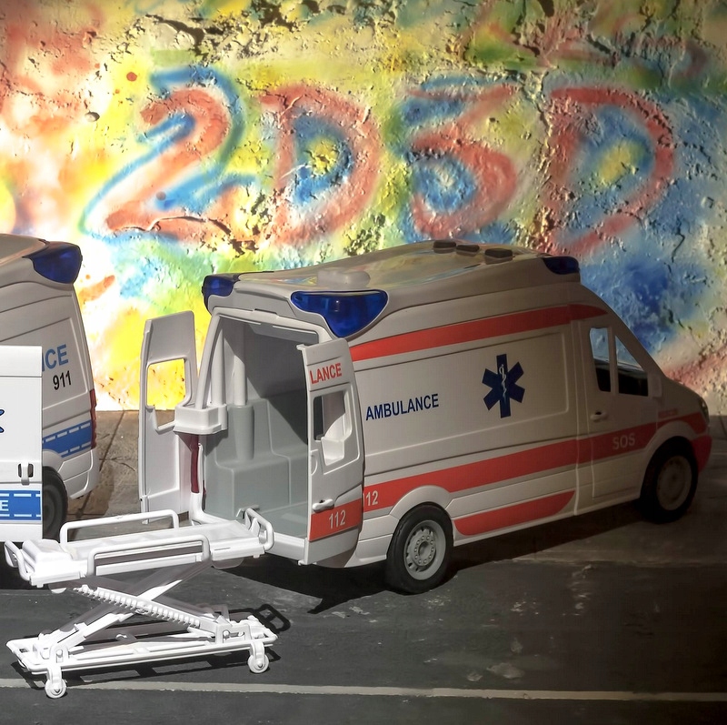 Automobilis Greitosios medicinos pagalbos automobilis Greitosios pagalbos autobusas važiuoja atidarant duris su neštuvais