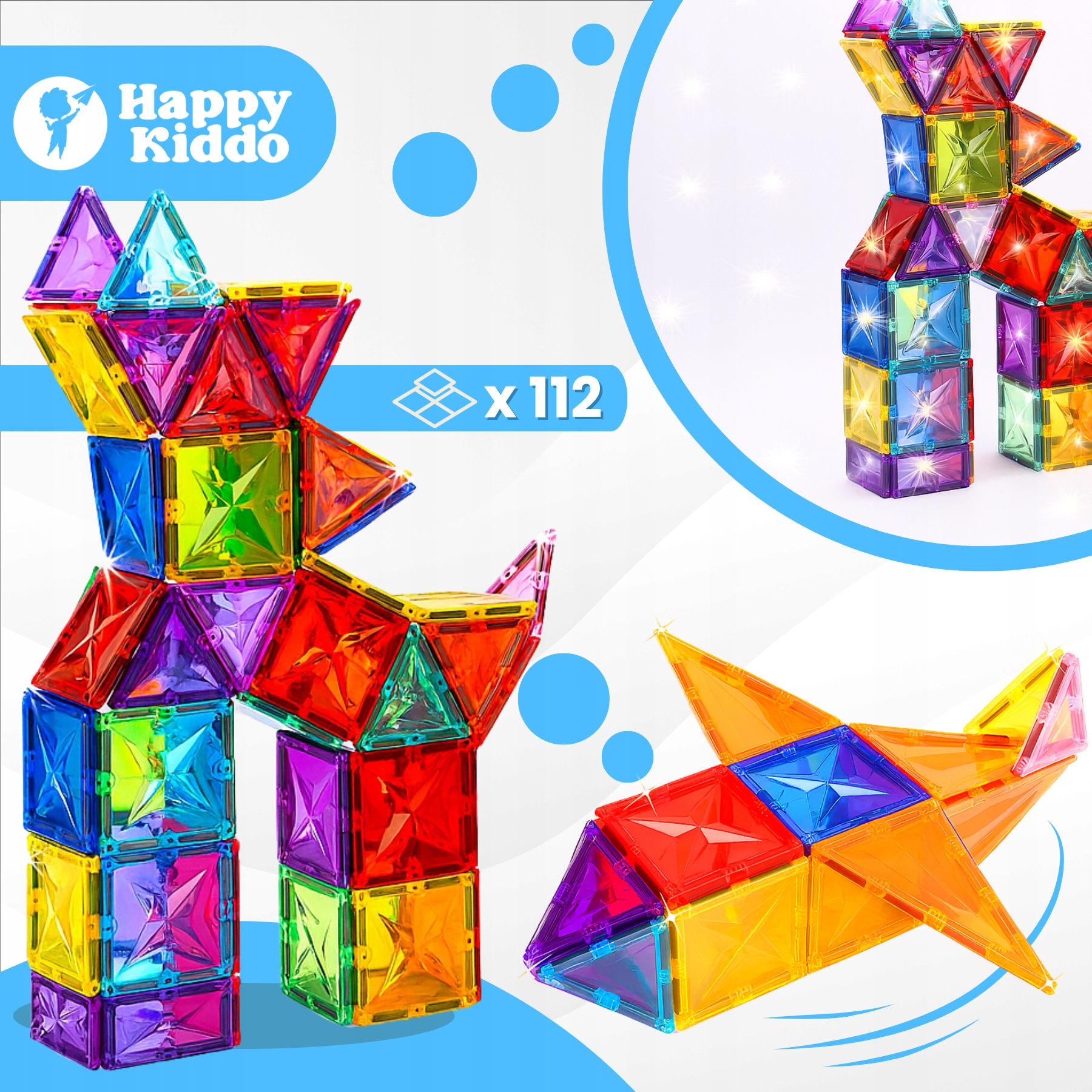 Mokomieji kūrybiniai magnetiniai konstrukciniai blokeliai 3D 112 vnt. Happy Kiddo