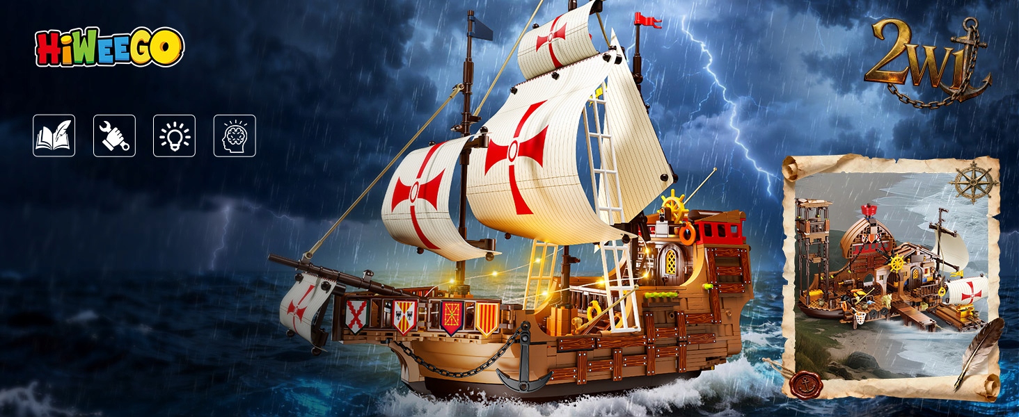 BLOKŲ PIRATŲ LAIVAS SANTA MARIA PILIS NAMAS KELIAS 2in1 DOVANA 1253vnt.