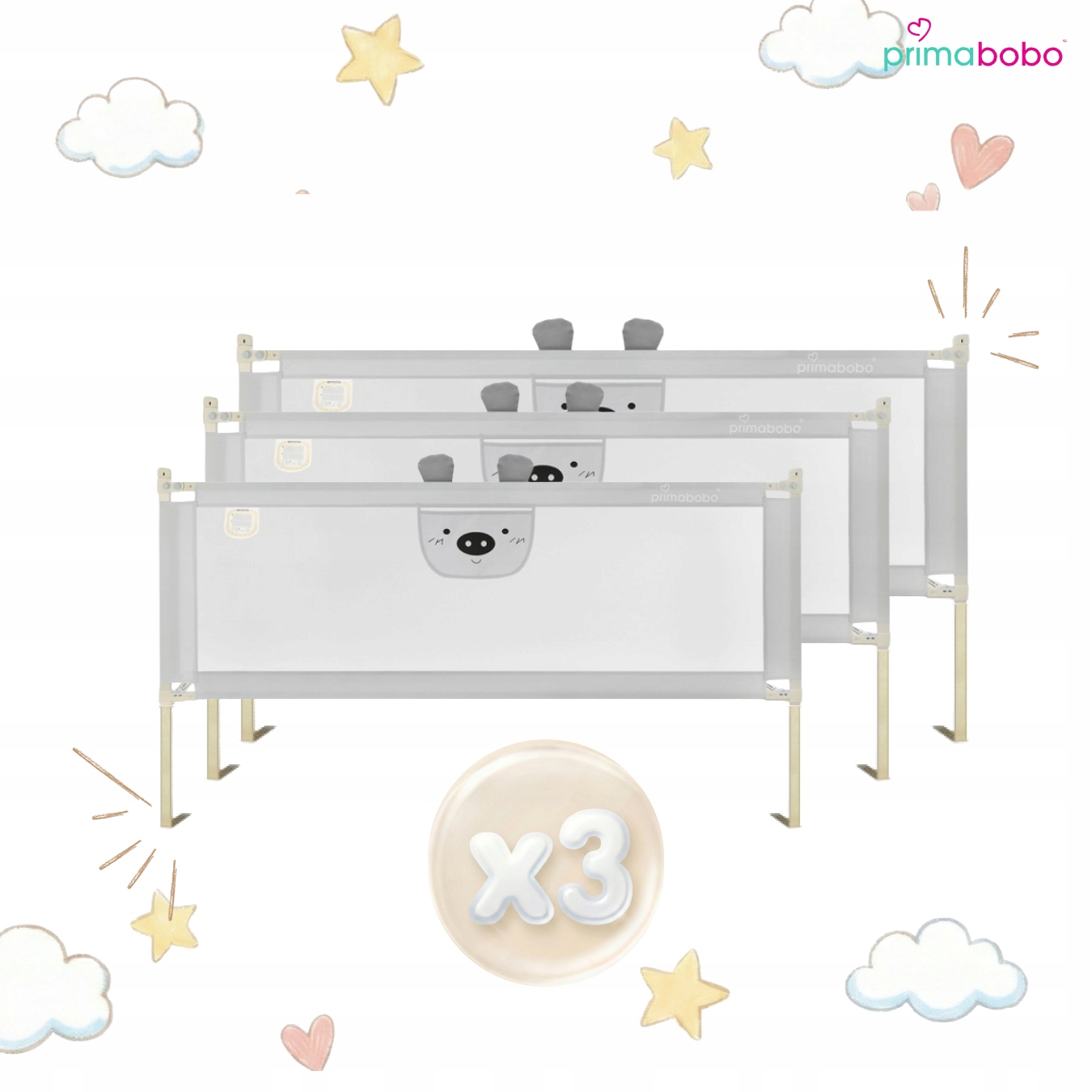 PRIMABOBO lovos apsauginis turėklas BEAR 200x160cm 3 vnt Sulankstomas PILKA