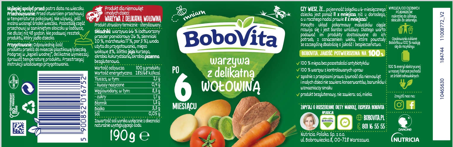 Bobovita vakarienė Daržovės su švelnia jautiena kūdikiams nuo 6 mėnesių, 190g
