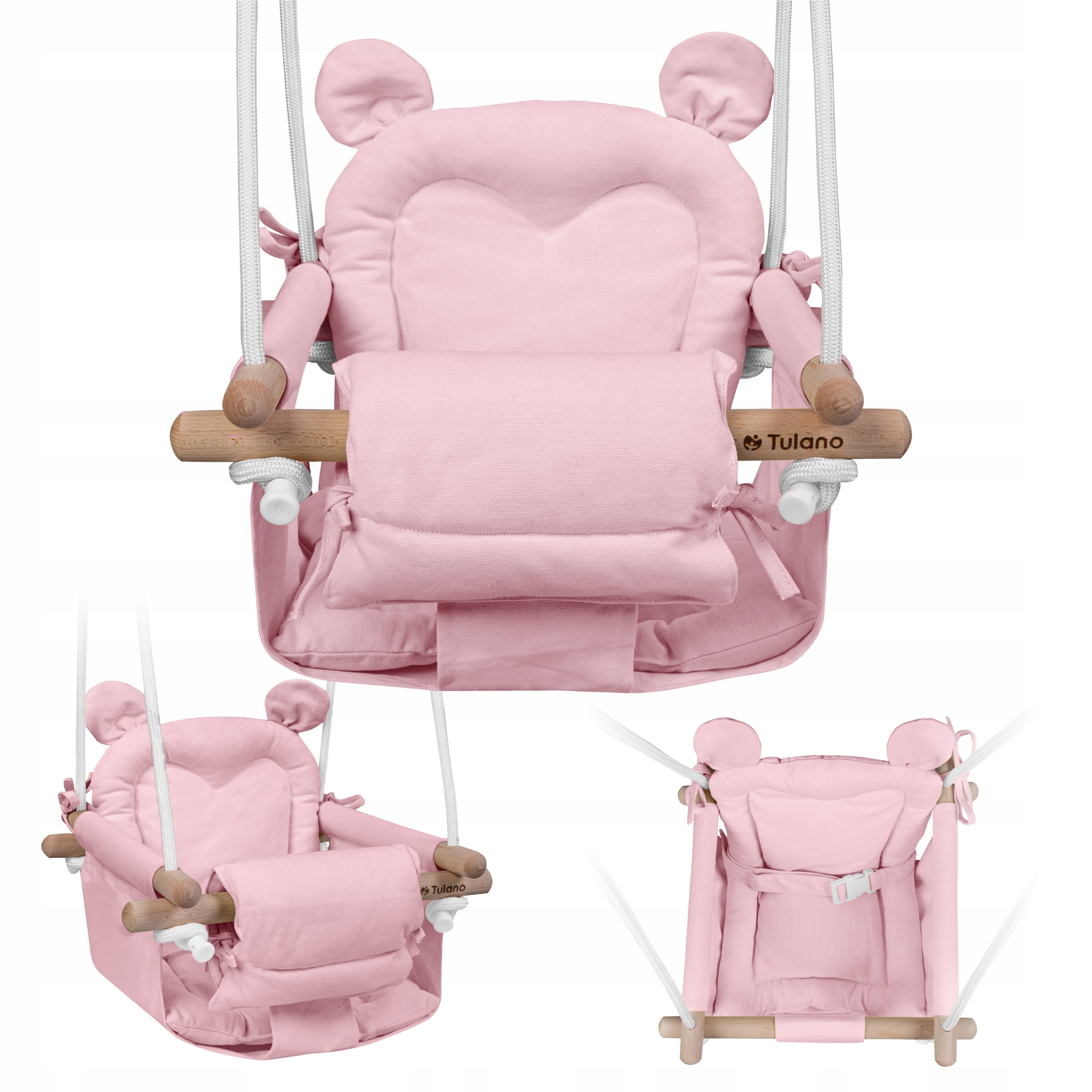 TULANO medinės sūpynės vaikams namams ir sodui BEAR HOP 30 Pink 6m+
