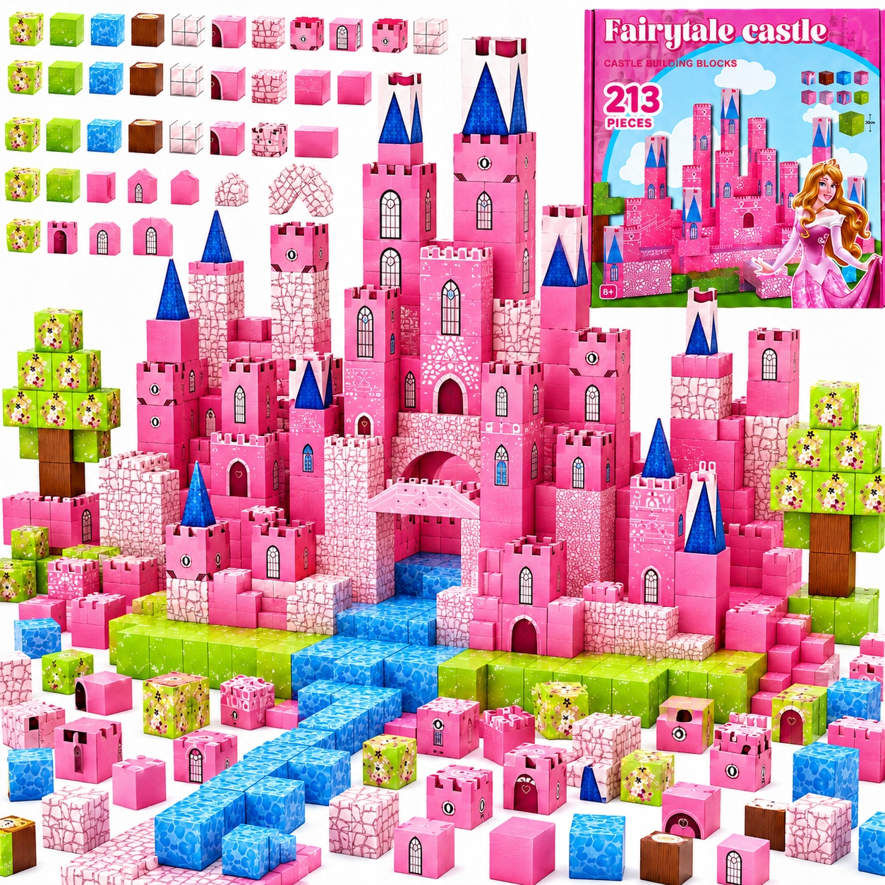 MAGNETINIAI BLOKAI 213 MERGAITĖMS KONSTRUKCIJA KUBAS PILIS PINK