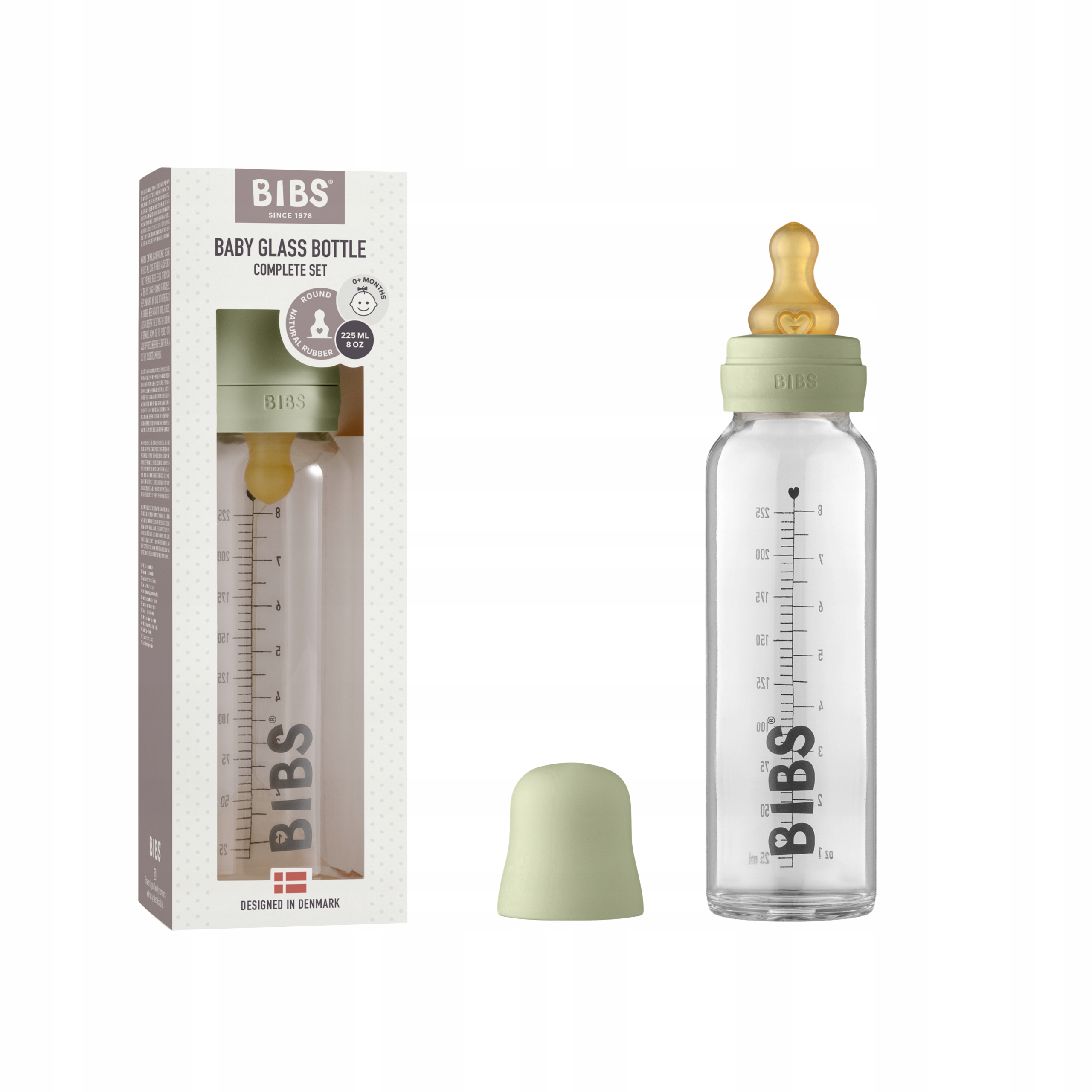 BIBS kūdikių buteliukas nuo pilvo dieglių, be BPA, 225 ml, patogus, guminis, stiklinis