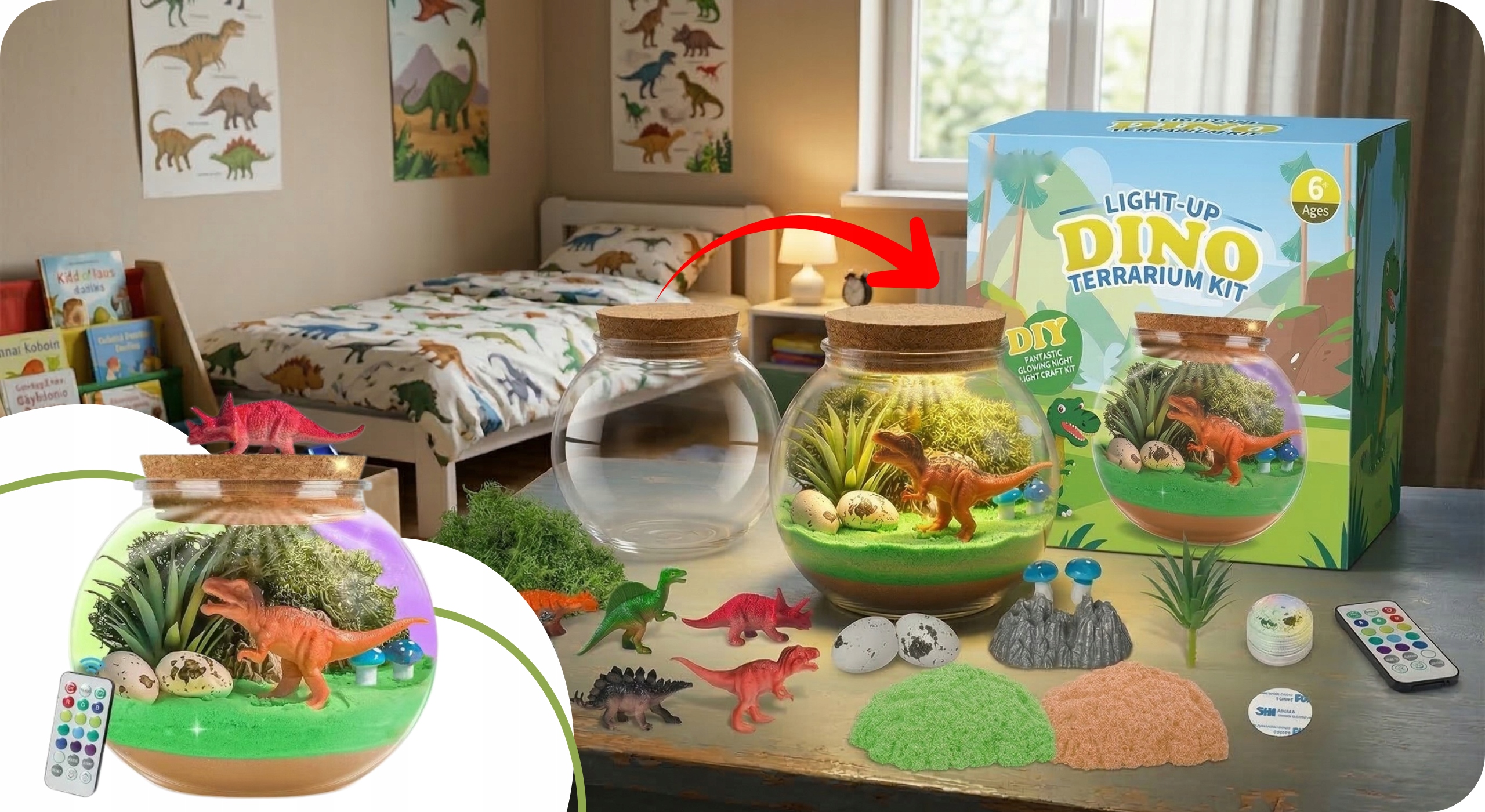 Para Toys dinozauro terariumas naktinė lempa su smėliu