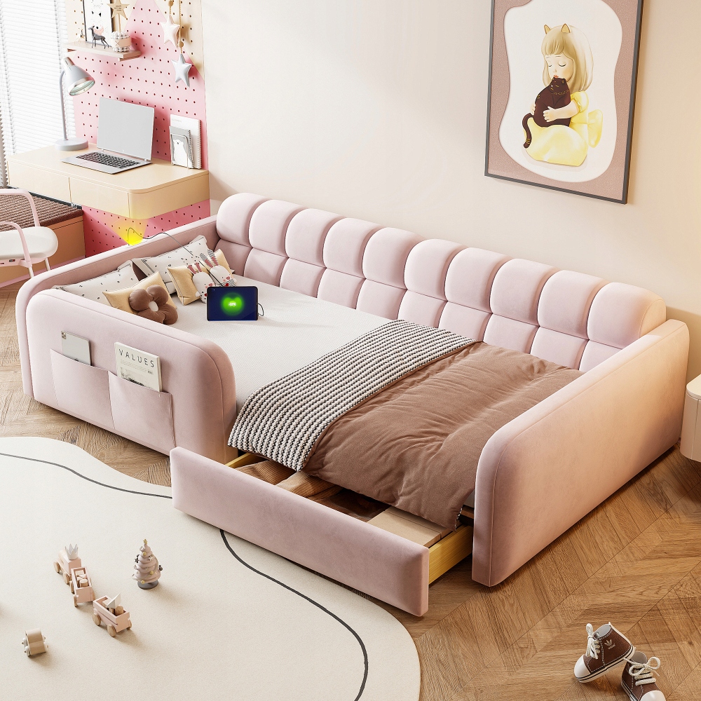 Vaikiška lova apmušta aksomu, stalčius, naktinė lempa, USB sofa, rožinė