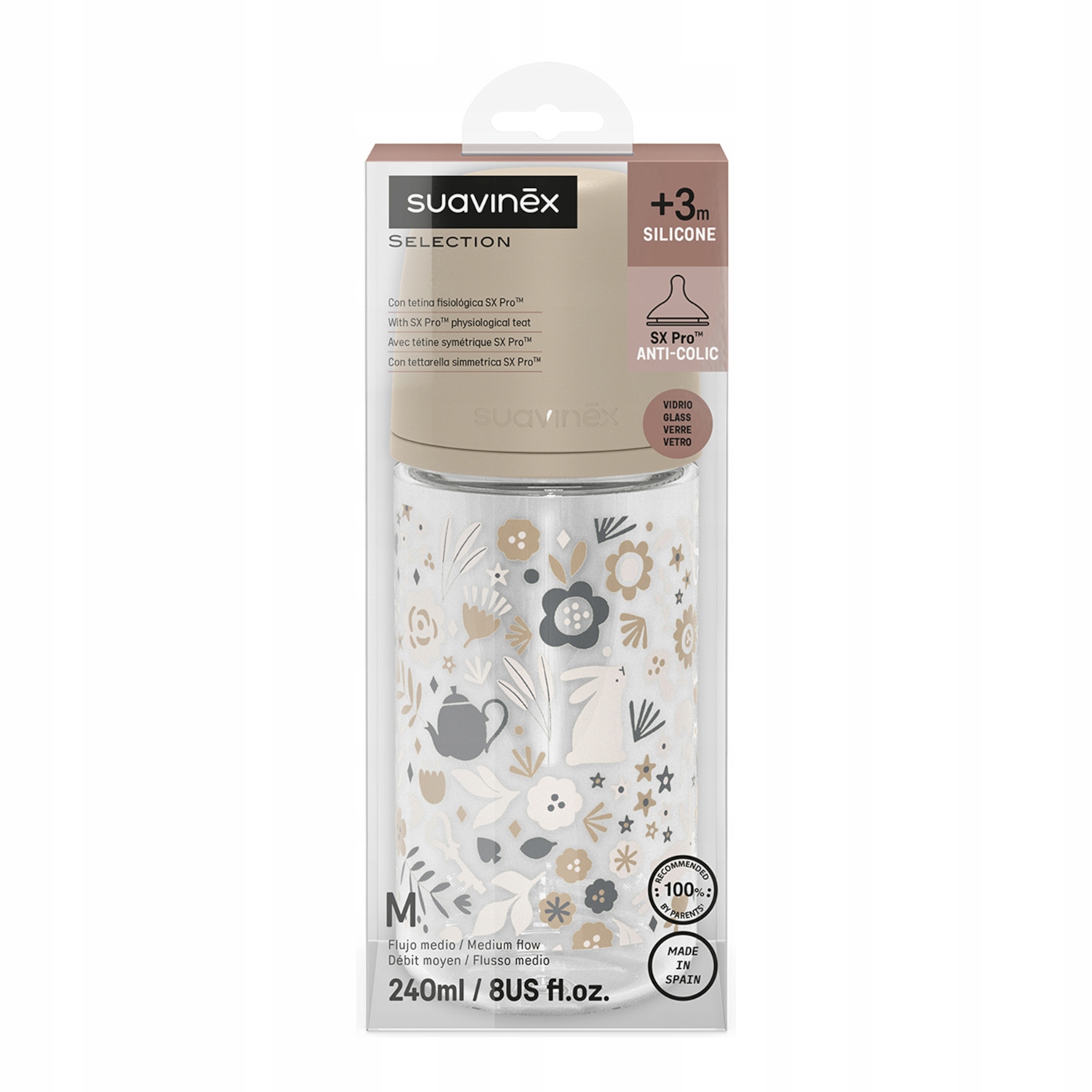 Suavinex Anti-colic stiklinis buteliukas SX Pro 240 ml vidutinio srauto 3m+