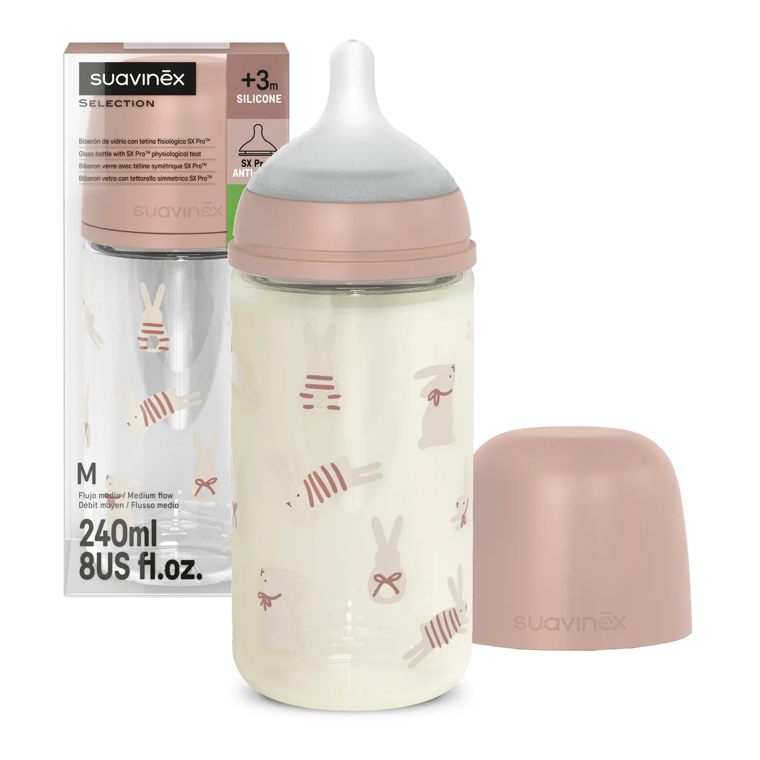 Suavinex stiklinis buteliukas nuo pilvo dieglių SX Pro 240 ml vidutinio srauto M 3m+
