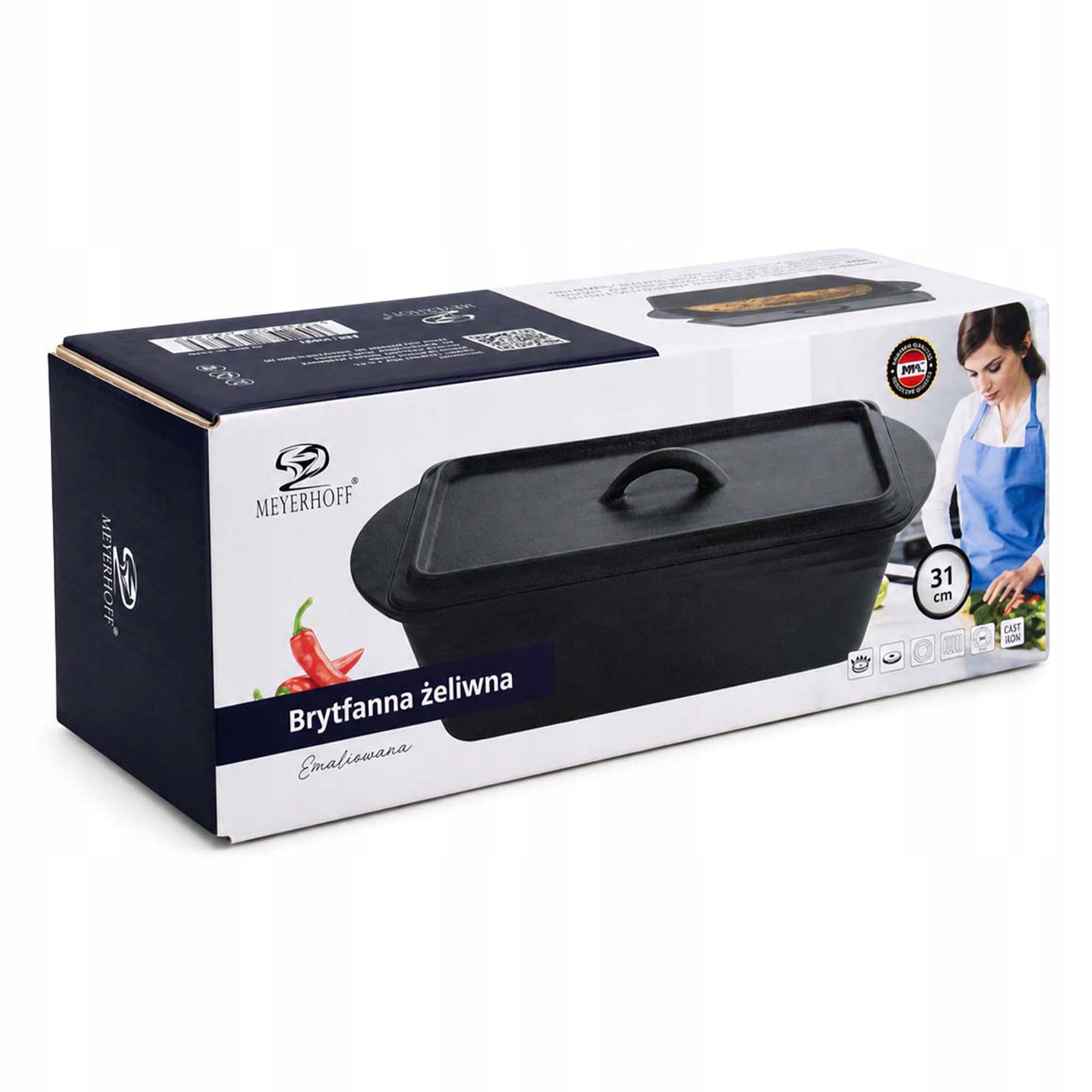 Ketaus kepimo skarda 31 cm mėsai ir duonai kepti su dangteliu ir rankenomis, juoda