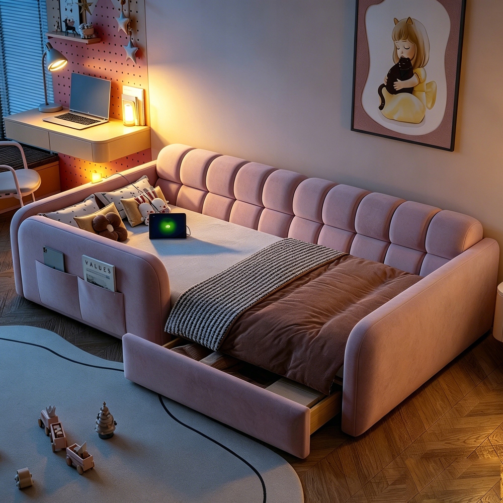 Vaikiška lova apmušta aksomu, stalčius, naktinė lempa, USB sofa, rožinė