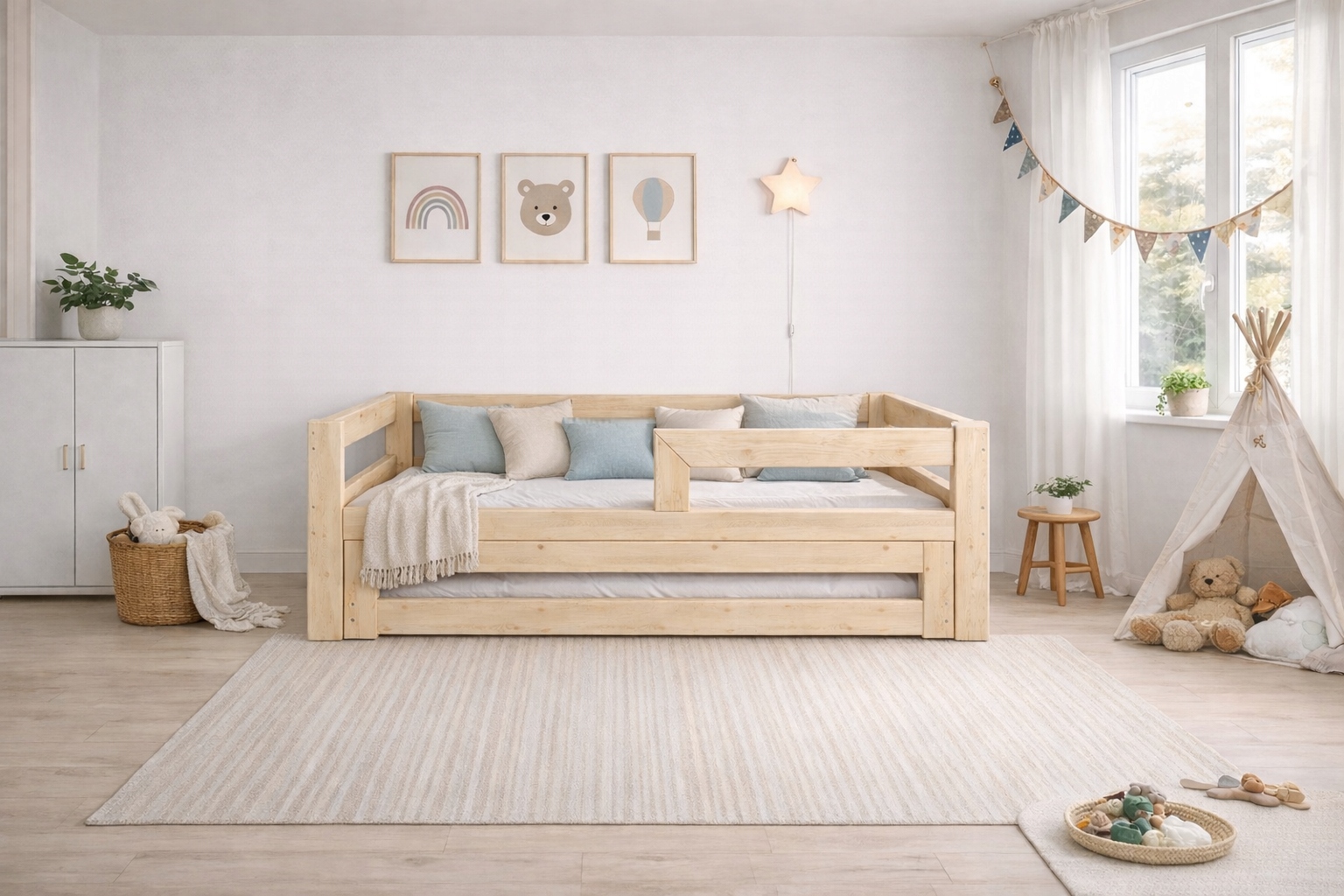 MEDINĖ DVIaukštė stumdomoji lova, 180 x 90 + bėgelis + 2 RĖMAI