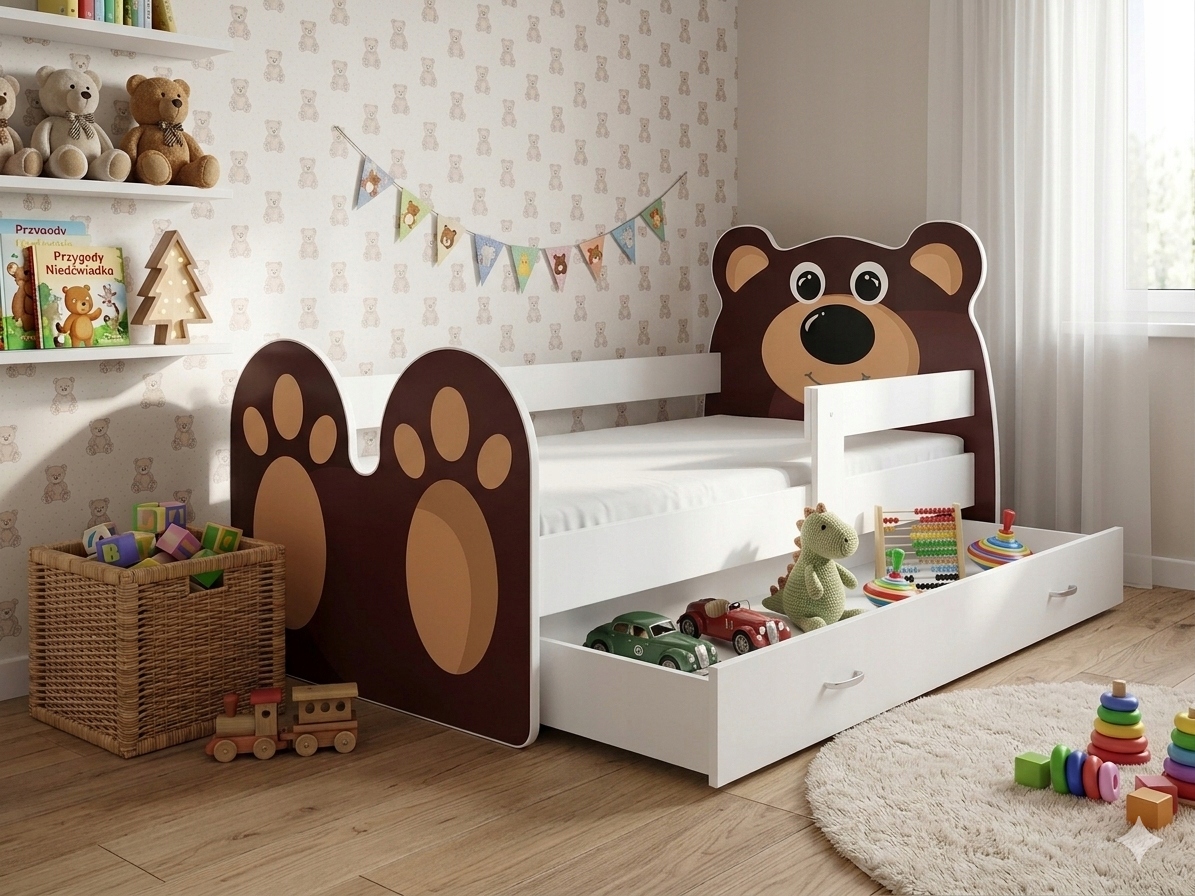 Vaikiška lova 160x80, stalčius ant ratukų, BEAR grafika
