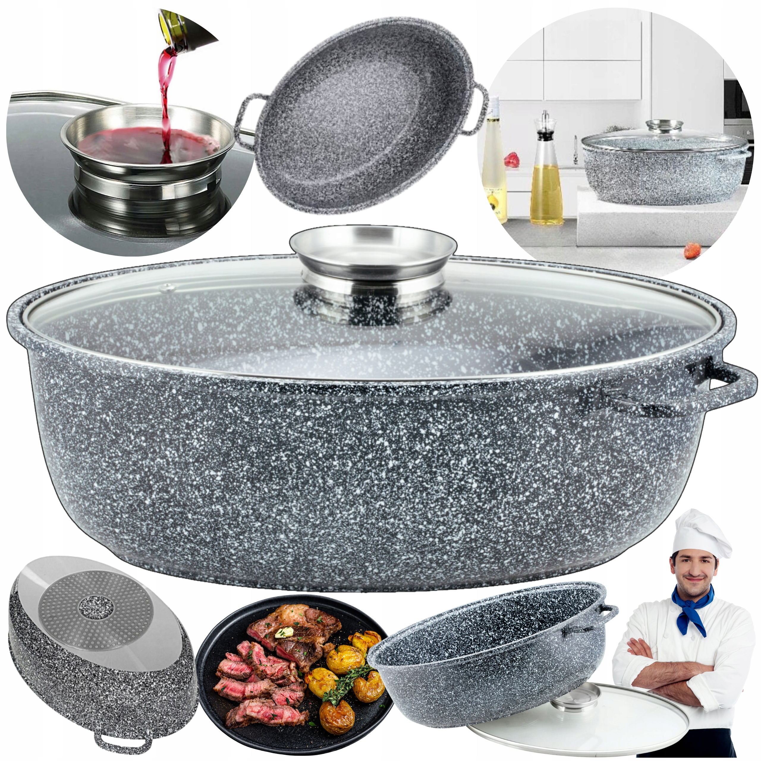 DIDELĖ skrudinimo skarda EDENBERG GOOSE NELIMPANČIUS MARMURO AROMATAS 38cm 8.0L