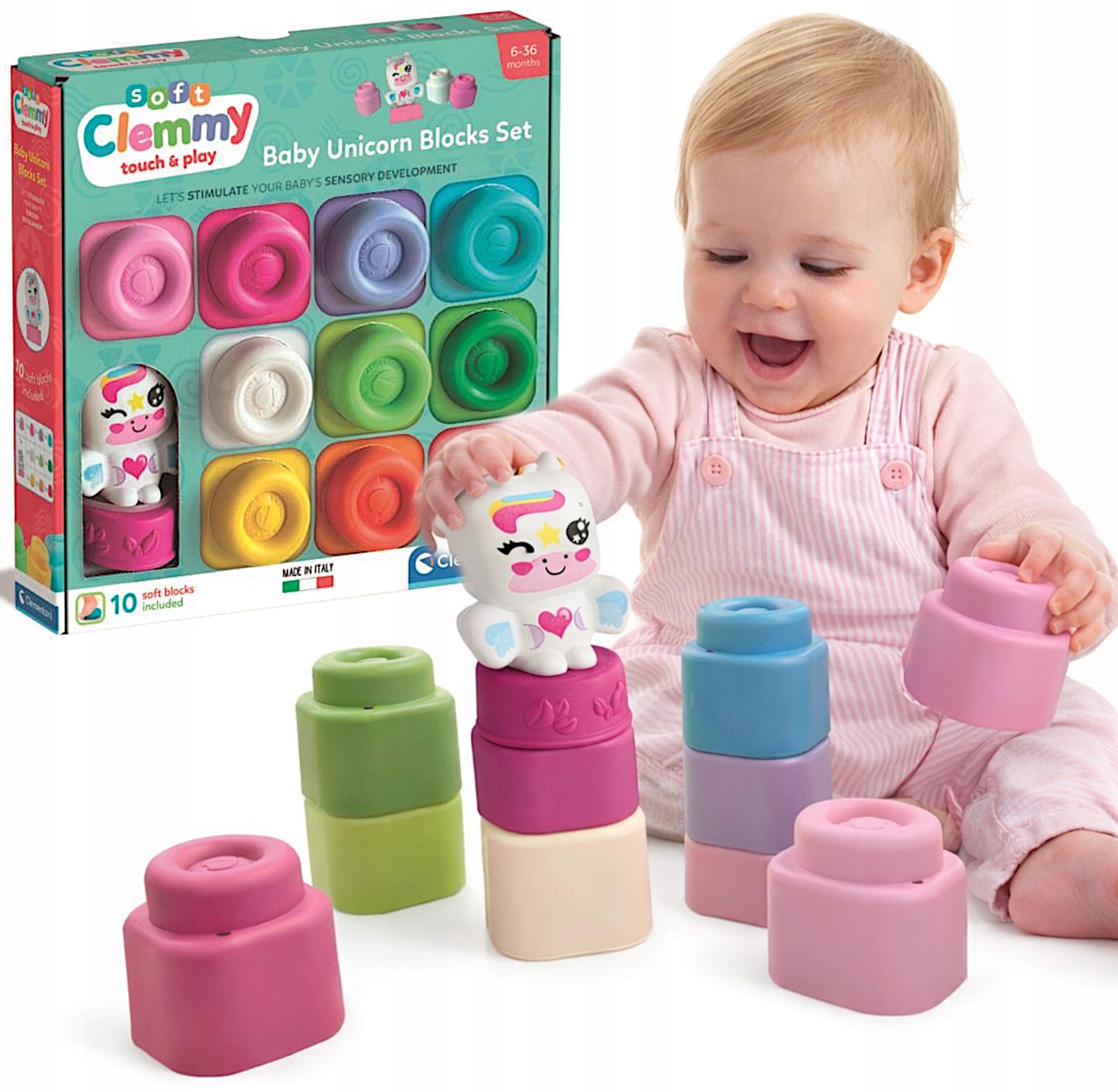 MINKŠČIŲ KALUKŲ RINKINYS 10 ELEMENTŲ BABY UNICORN VIENRAGIS CLEMMY CLEMENTONI