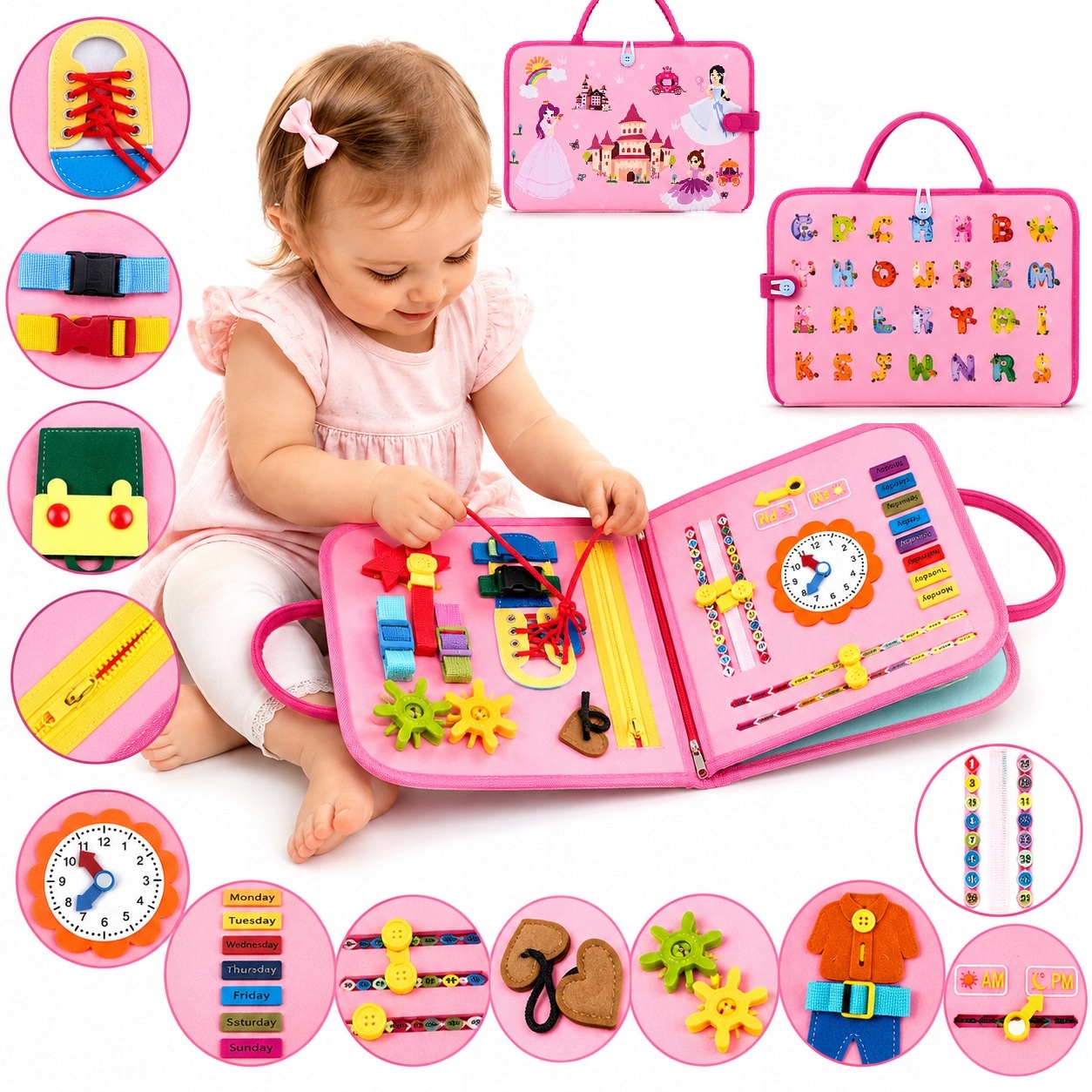 MONTESSORI SENSORY BOOK XXL MANIPULIAVIMO LENTA 14IN1 ALPHABET