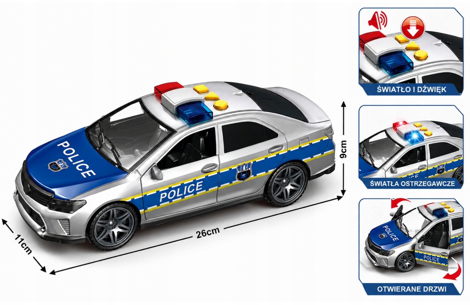Policijos automobilis Didelis automobilis Policijos guminiai ratai su garsu ir efektais
