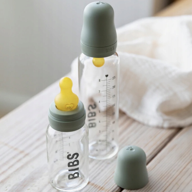 BIBS kūdikių buteliukas nuo pilvo dieglių, be BPA, 225 ml, patogus, guminis, stiklinis
