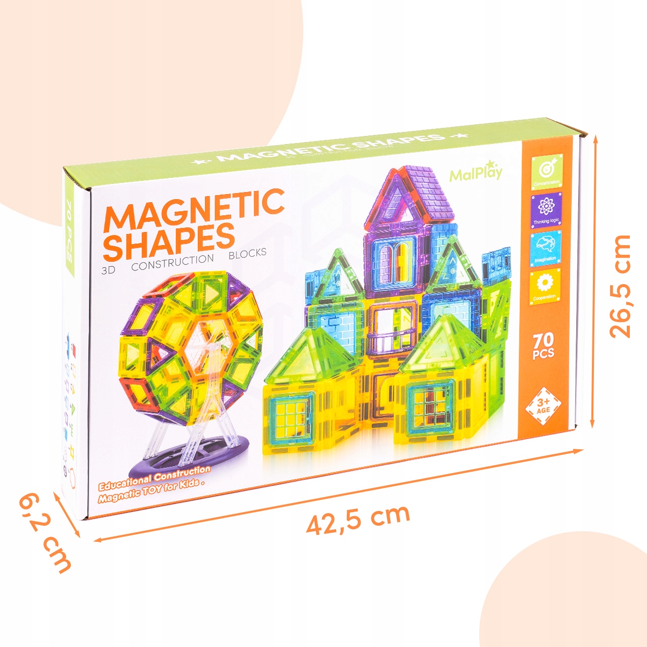 3D MAGNETINIAI BLUKAI, MOKYMOSI KONSTRUKCIJA, DIDELIS 70 EL MAGNETINĖ DĖLĖLĖ