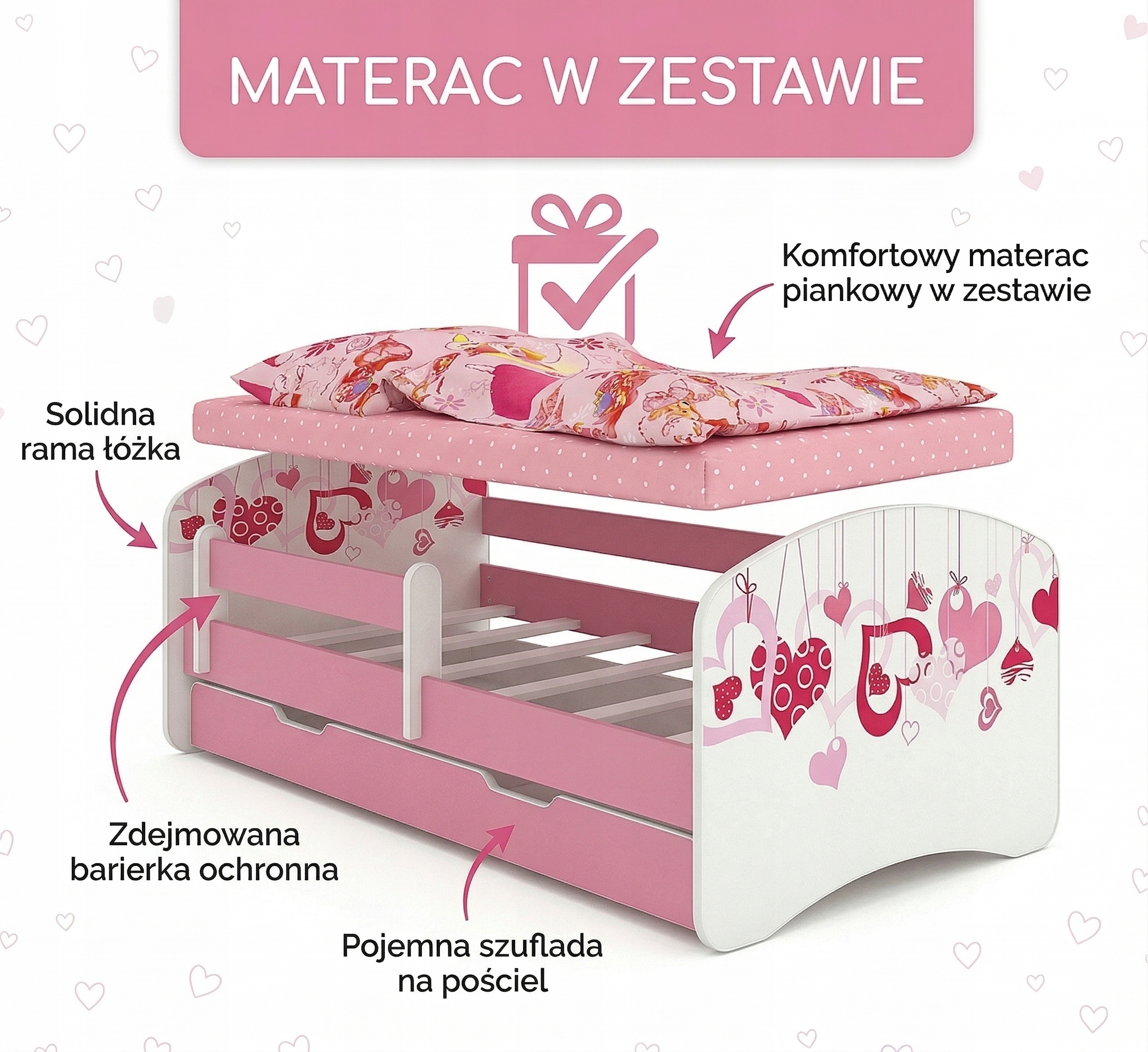 Rožinė vaikiška lova 180x90 su stalčiumi, čiužinys, turėklų rėmas - komplektas