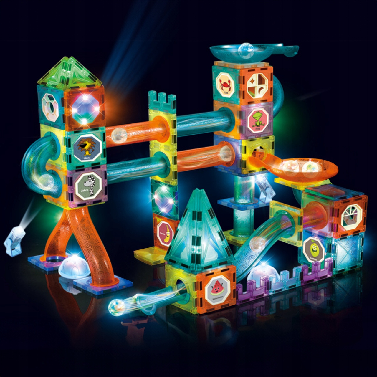 MAGNETINIAI KONSTRUKCINIAI BLOKAI 3D SVETINGI LED RUTULIU TAKAS 202 ELEMENTAI