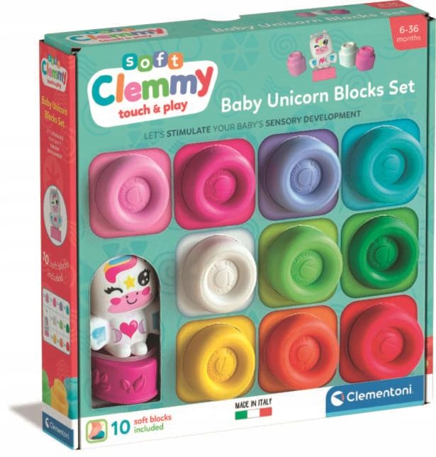 MINKŠČIŲ KALUKŲ RINKINYS 10 ELEMENTŲ BABY UNICORN VIENRAGIS CLEMMY CLEMENTONI