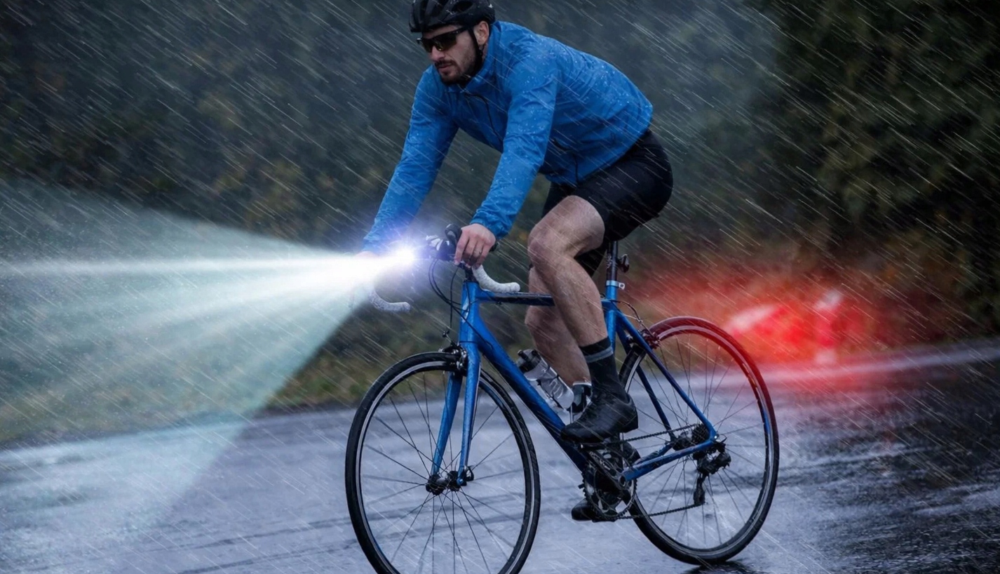 Dvi LED žibintės dviračiui su akumuliatoriumi