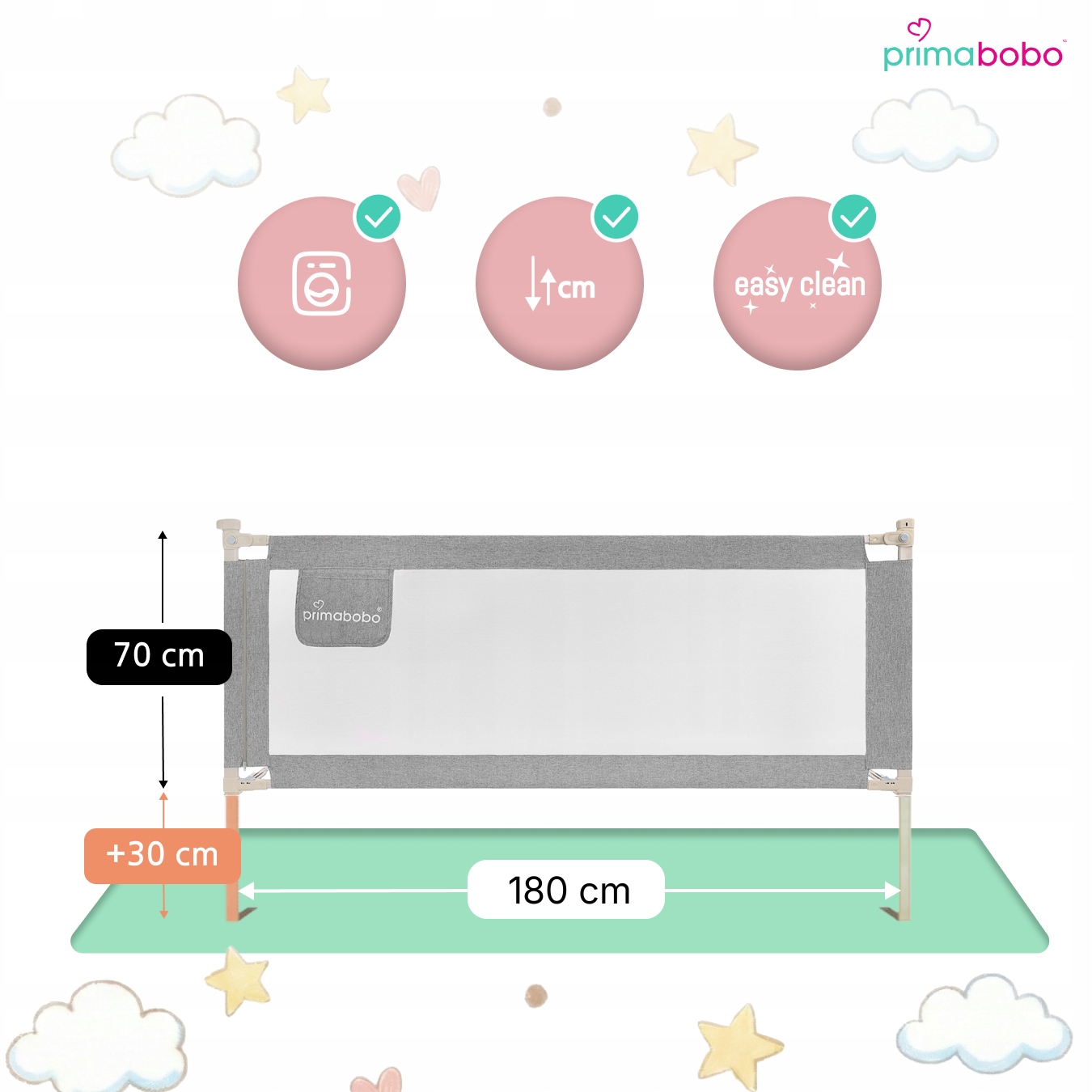 Primabobo apsauginė lovatvorė 200x180cm pilka 3vnt