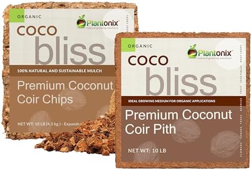 Coco Coir (10lbs) + Coco Chips (10lbs) – Coco Coir Brick & Coconut Husk Chips for Plants – Organic Coco Coir for Plants & Gardening – Mulch Medium with Low EC & pH Balance – Potting Soil Substrate Coco Coir (10lbs) + Coco Chips (10lbs) – Coco Coir Brick & Coconut Husk Chips for Plants – Organic Coco Coir for Plants & Gardening – Mulch Medium with Low EC & pH Balance – Potting Soil Substrate