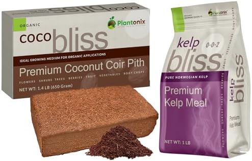 Coco Coir 650gm Brick + Kelp Bliss (1lb) – Coco Coir & Kelp Meal Fertilizer for Plants – Organic Coco Coir for Plants, Herbs, & Gardens – Kelp Fertilizer with 70+ Nutrients – Compressed Coco Coir Coco Coir 650gm Brick + Kelp Bliss (1lb) – Coco Coir & Kelp Meal Fertilizer for Plants – Organic Coco Coir for Plants, Herbs, & Gardens – Kelp Fertilizer with 70+ Nutrients – Compressed Coco Coir
