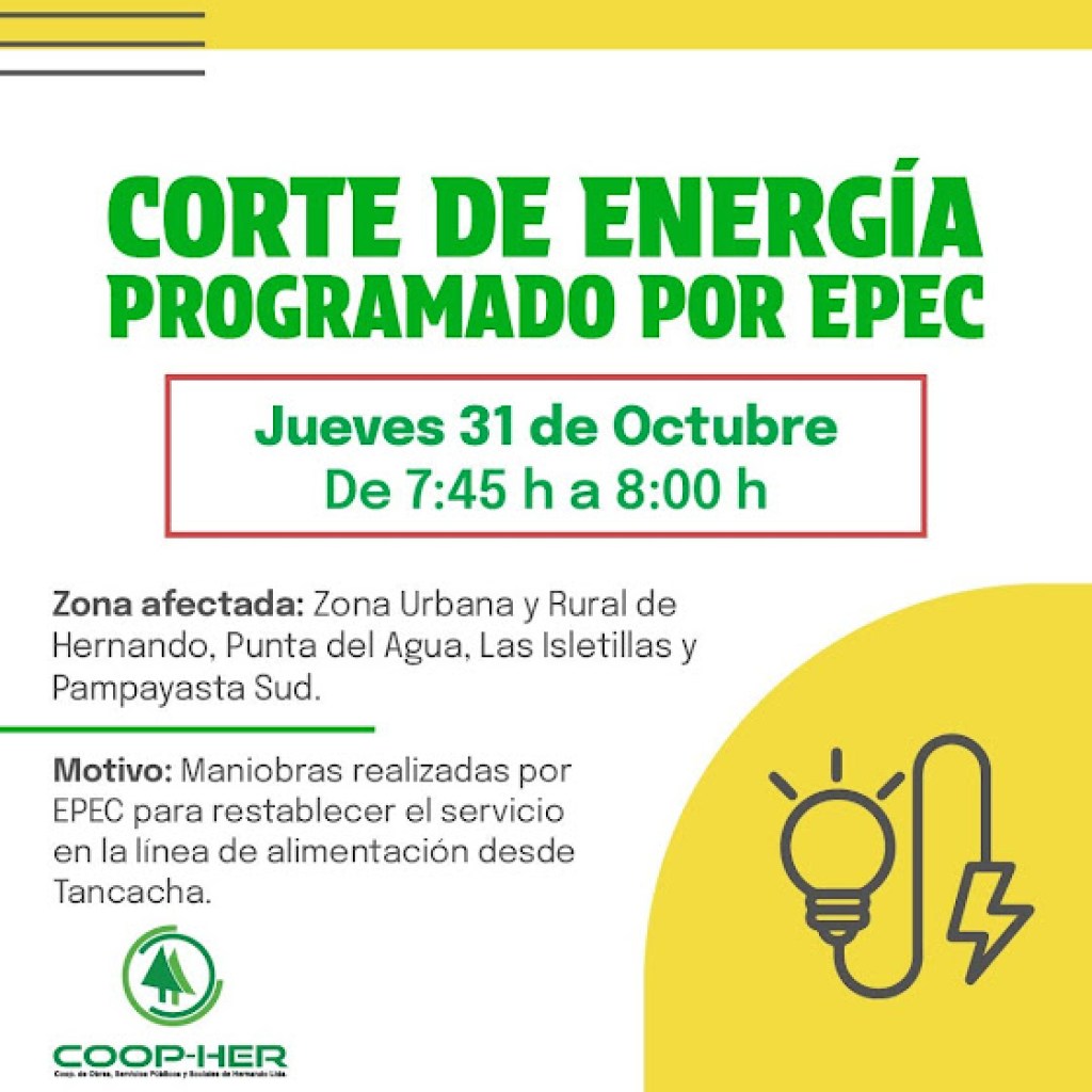 COOP-HER: CORTE DE ENERGÍA GENERAL PROGRAMADO POR EPEC COOP-HER: CORTE DE ENERGÍA GENERAL PROGRAMADO POR EPEC